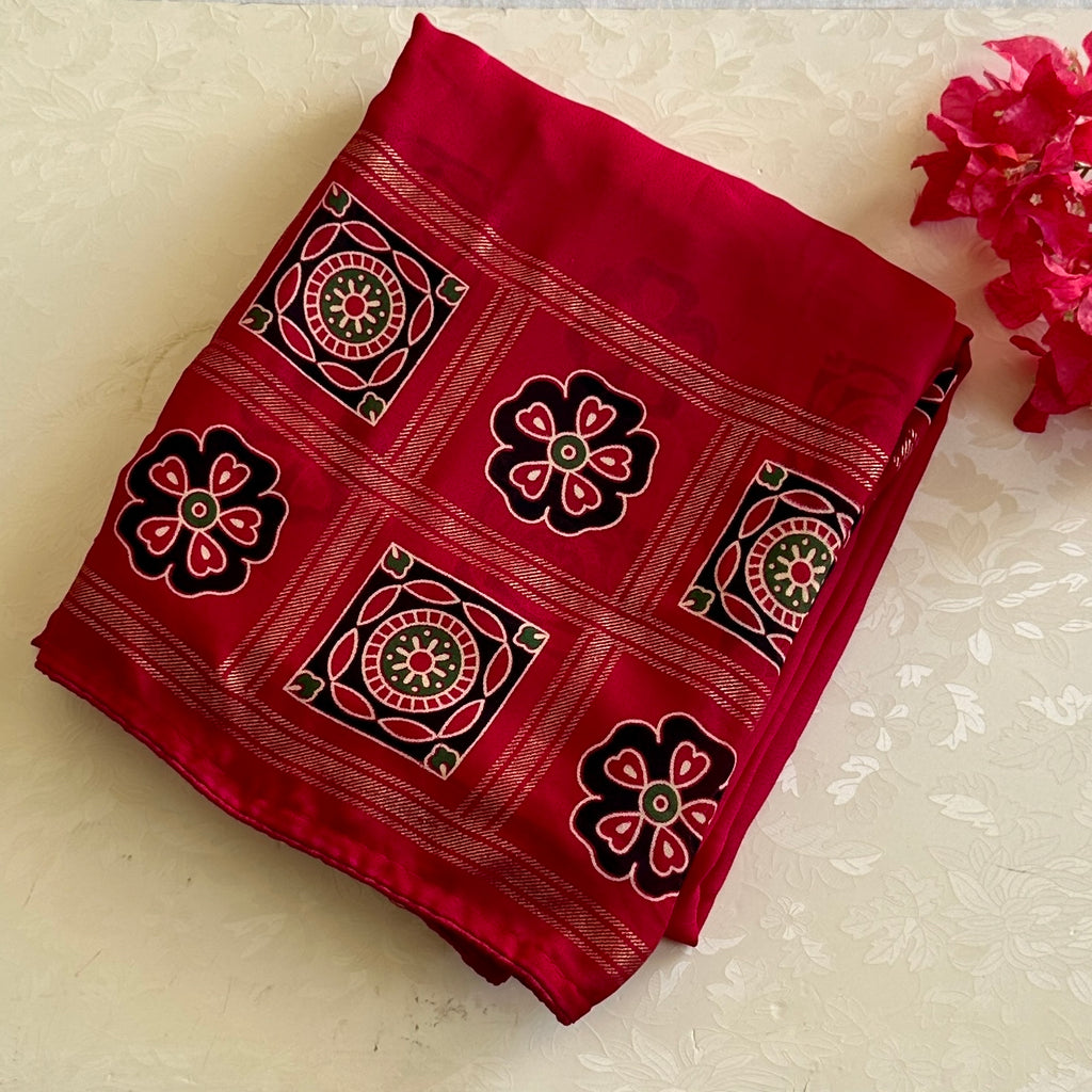 Fuchsia Paisley Geometric Saree with Gold Floral Border Festive