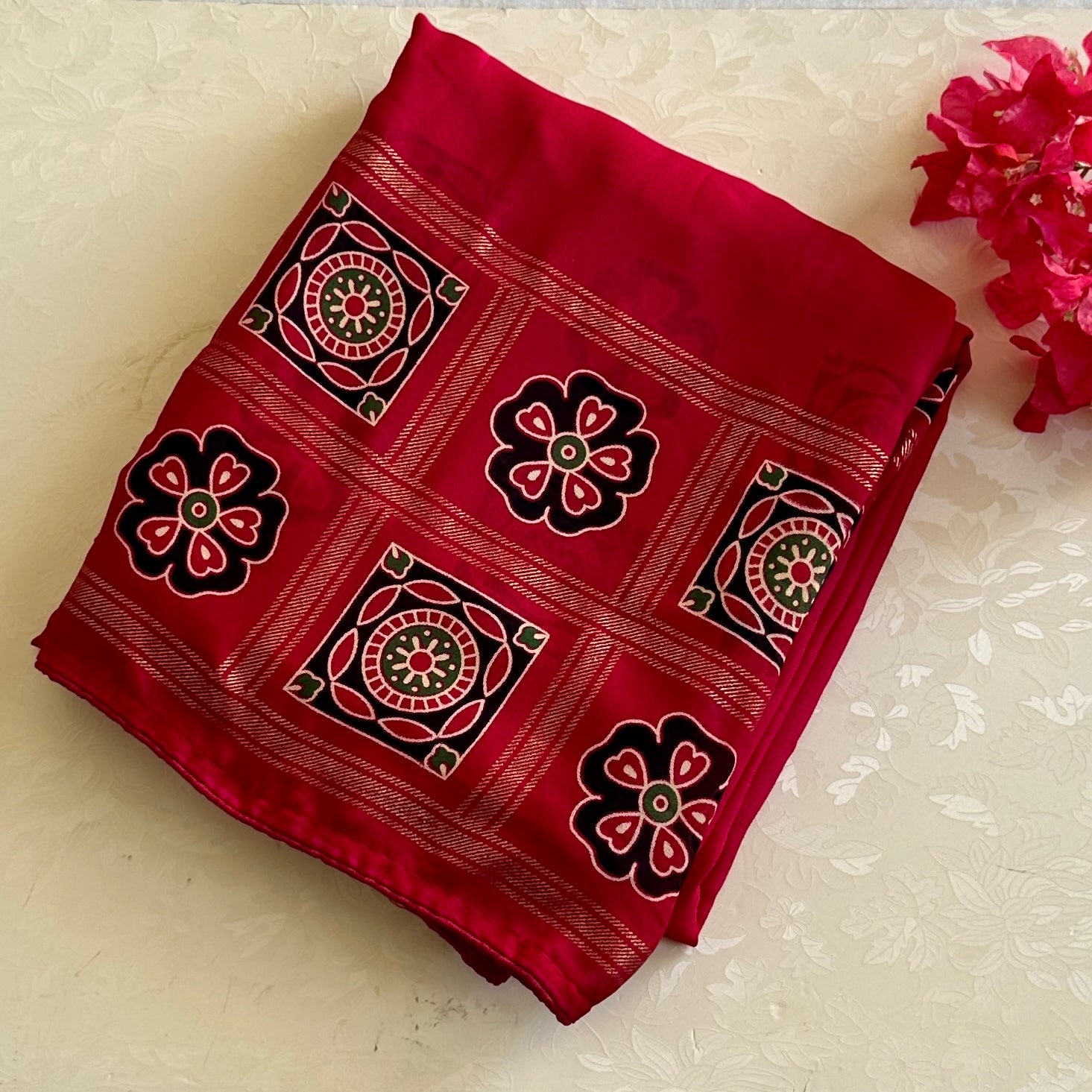 Fuchsia Paisley Geometric Saree with Gold Floral Border Festive