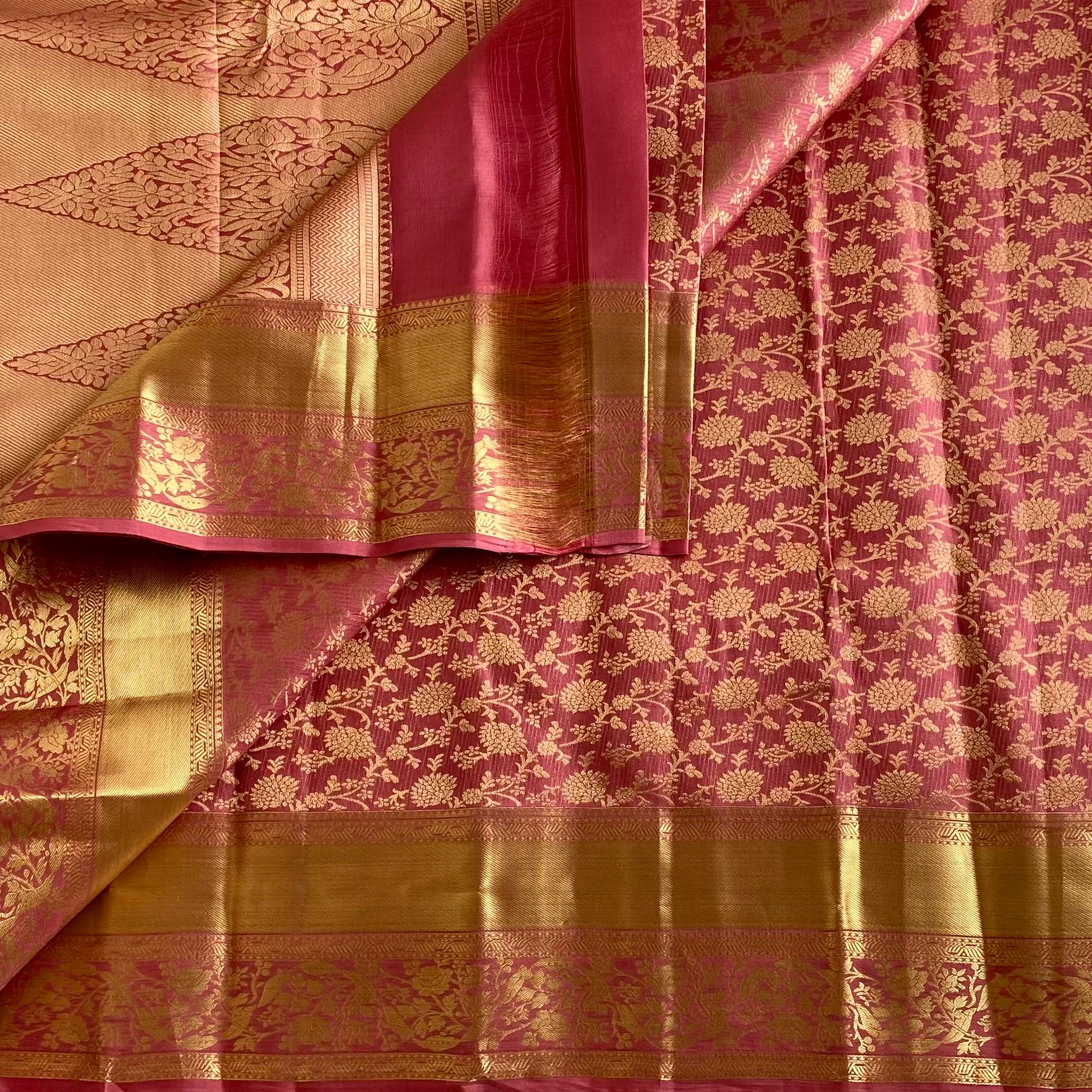 Pastel Rose Pink Designer Brocade Pure Silk Saree