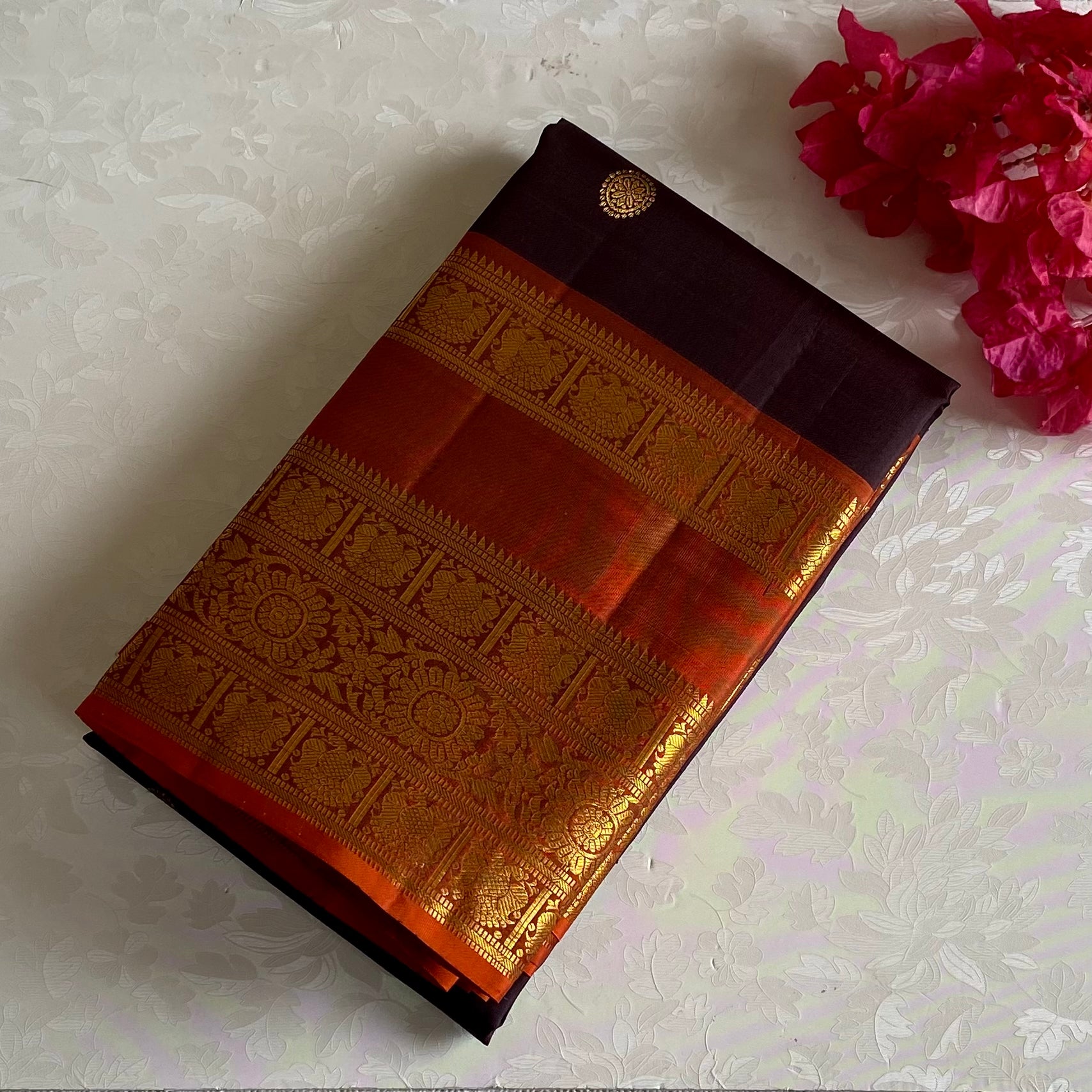 Dark Coffee Kanjeevaram Pure Zari Silk Saree With Burnt Orange Pallu