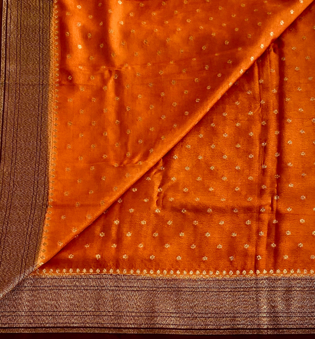 Burnt Orange Banarasi Soft Crepe Silk With Chocolate Brown Pallu