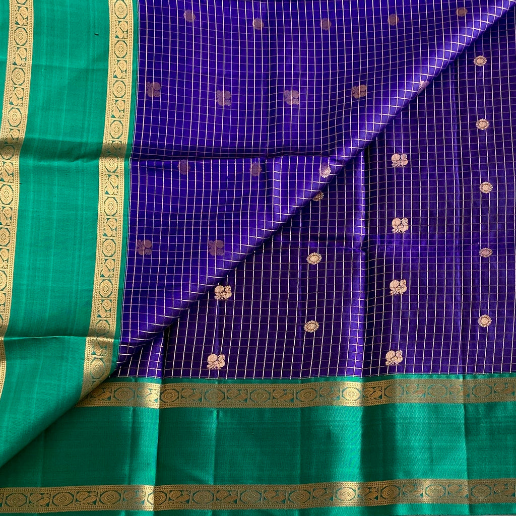 Royal Indigo Blue Checkered Pure Silk With Turquoise Contrast