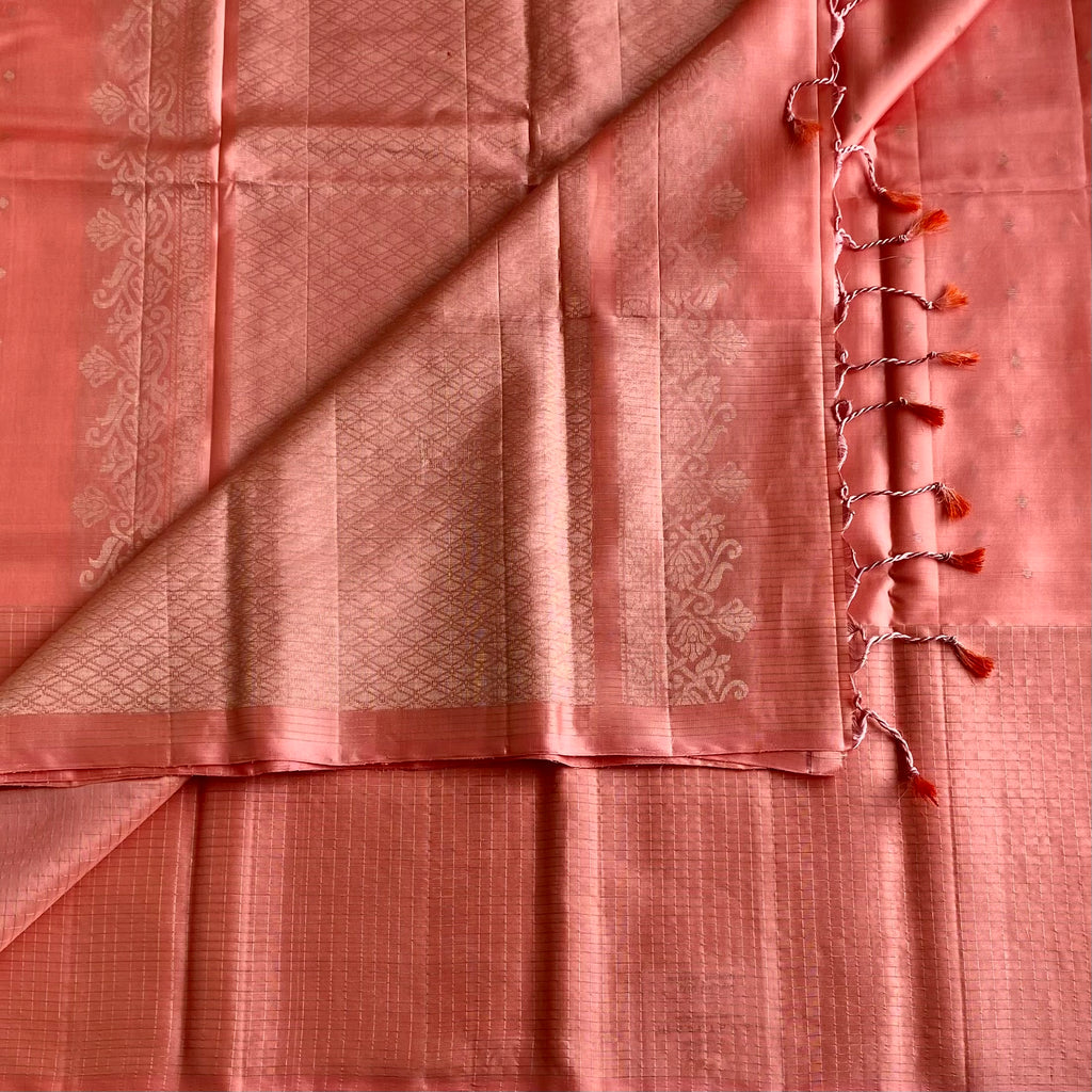 Coral Peach Designer Pure Silk Saree With Pale Gold Zari