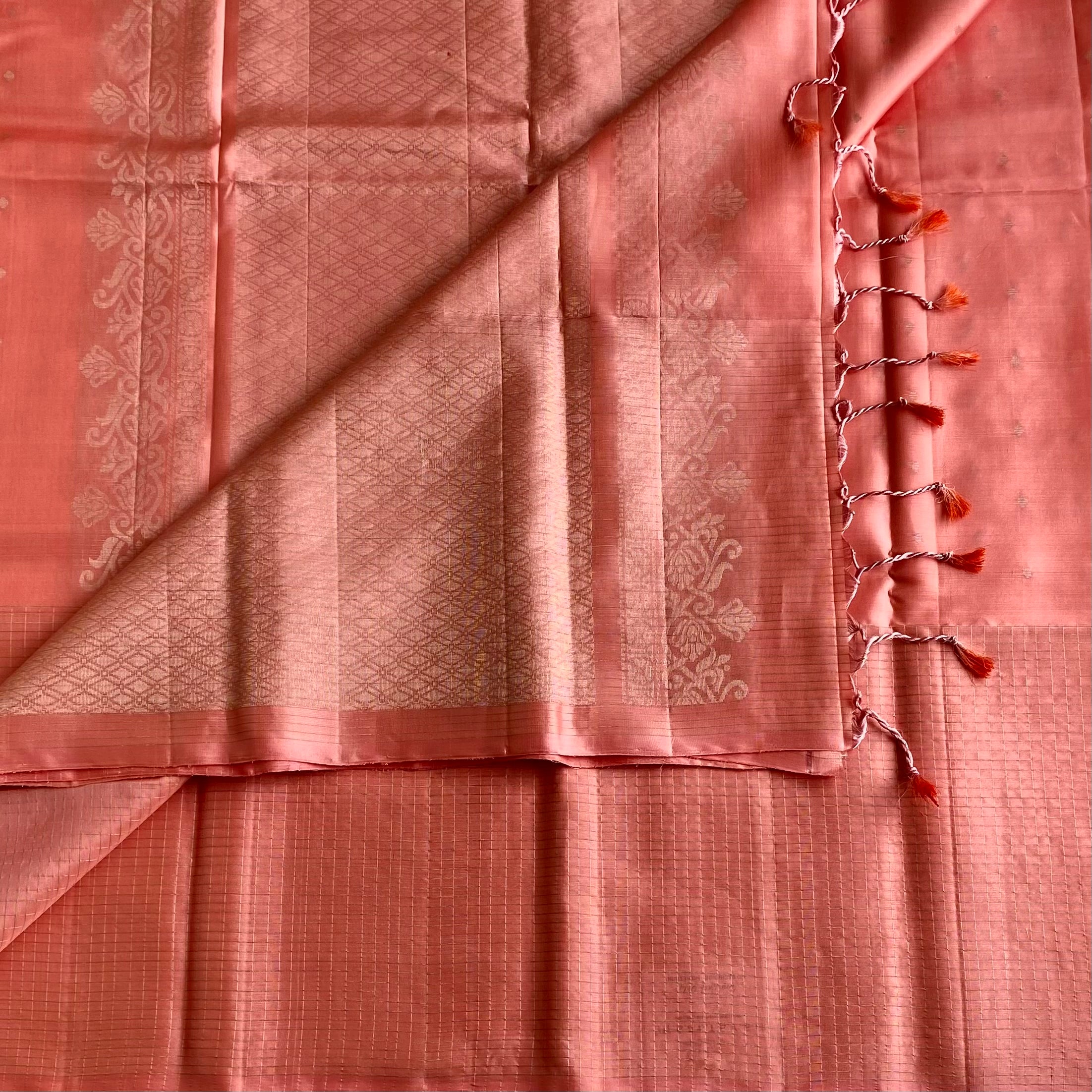Coral Peach Designer Pure Silk Saree With Pale Gold Zari