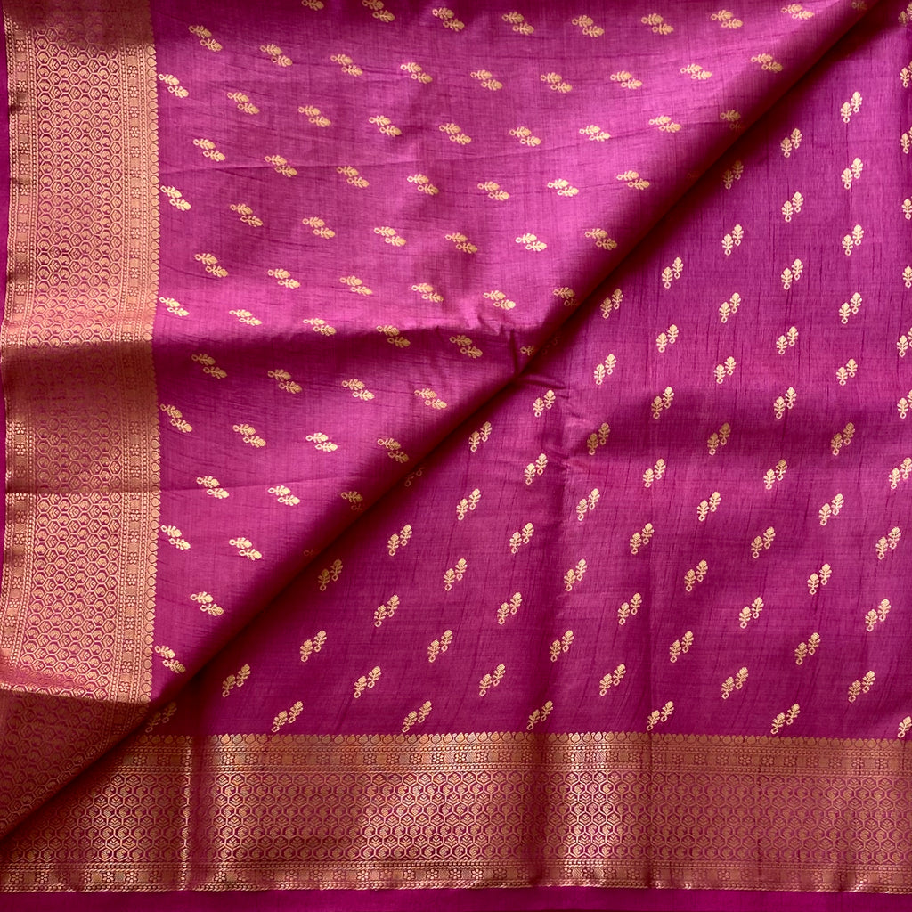Magenta Brocade Saree with Metallic Gold Pallu Tassel Border Traditional
