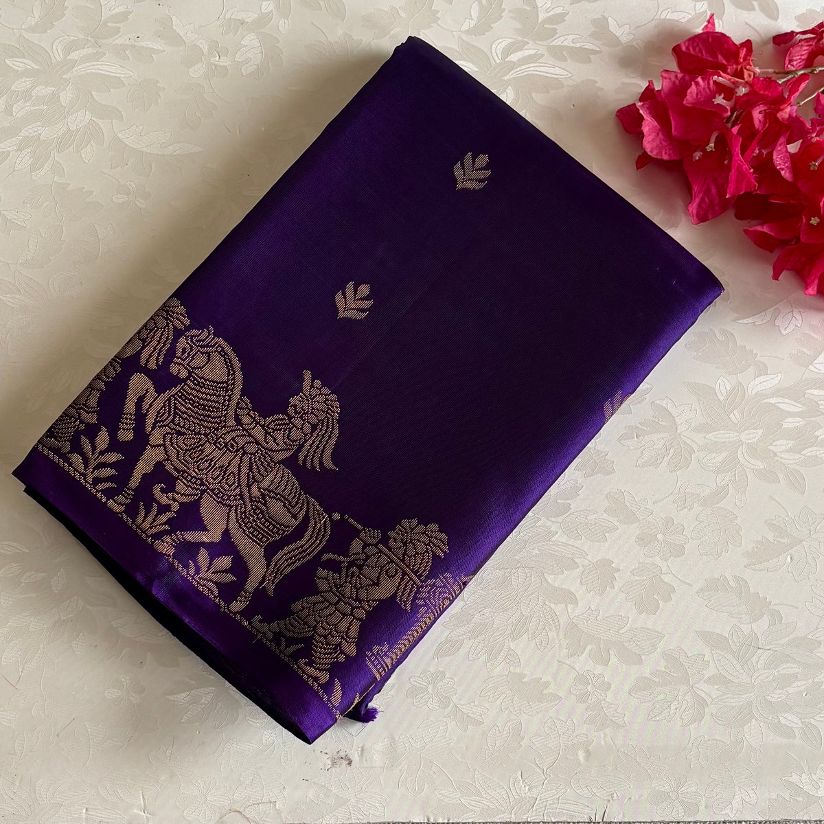Royal Indigo Purple Designer Pure Silk Saree With Antique Gold Border Striped Pallu