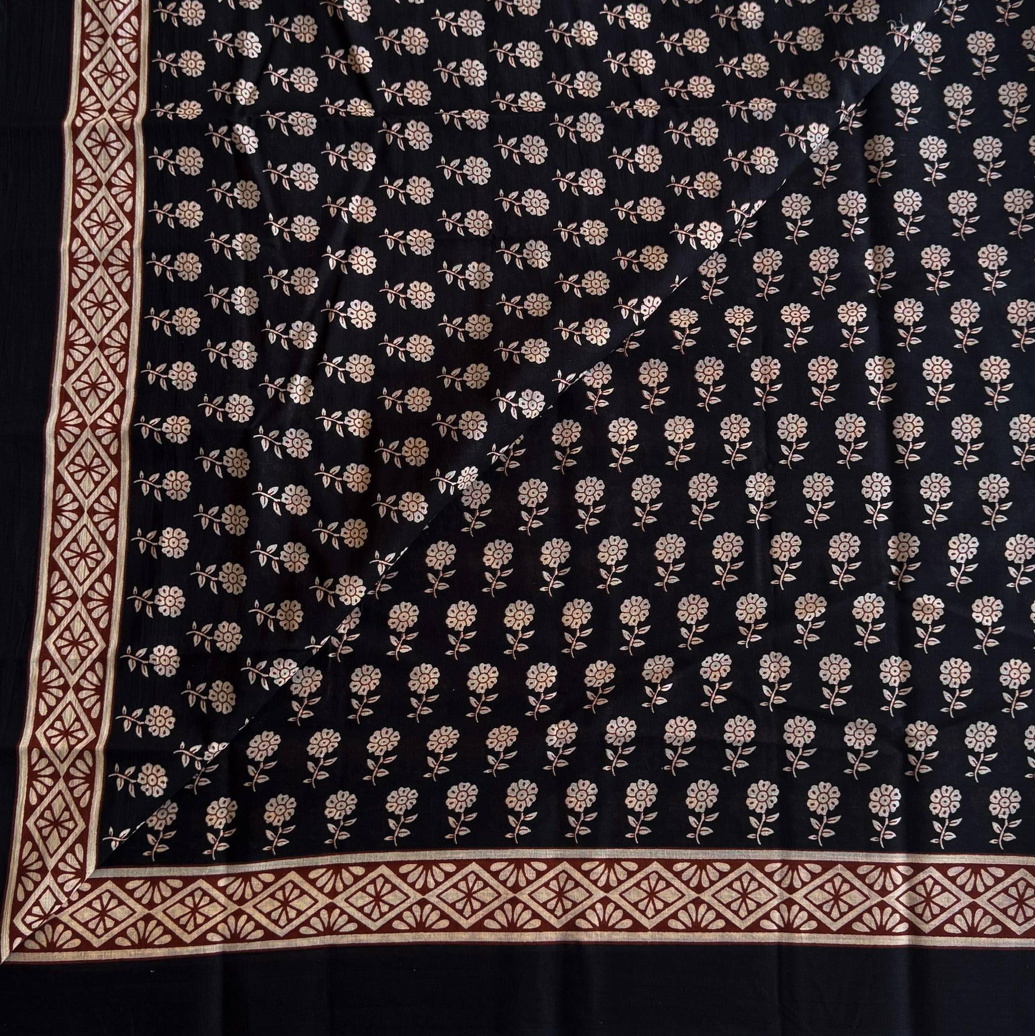 Black Ivory Block Print Saree Paisley Floral Geometric Border