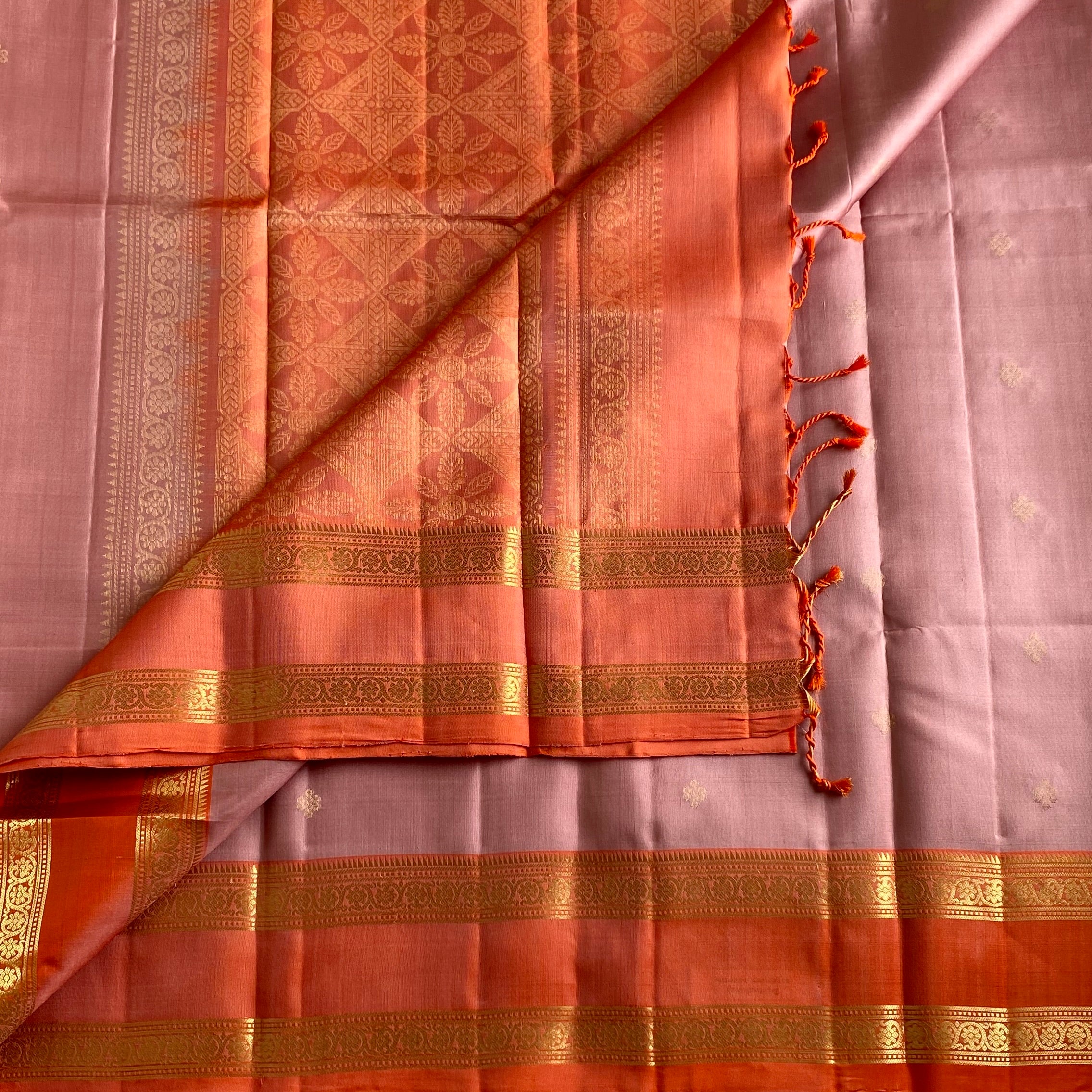 Blush Pink Designer Pure Silk Saree With Sunset Orange Pallu