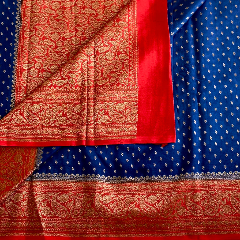 Royal Denim Blue Banarasi Crepe Silk Saree With Scarlet Red  Border