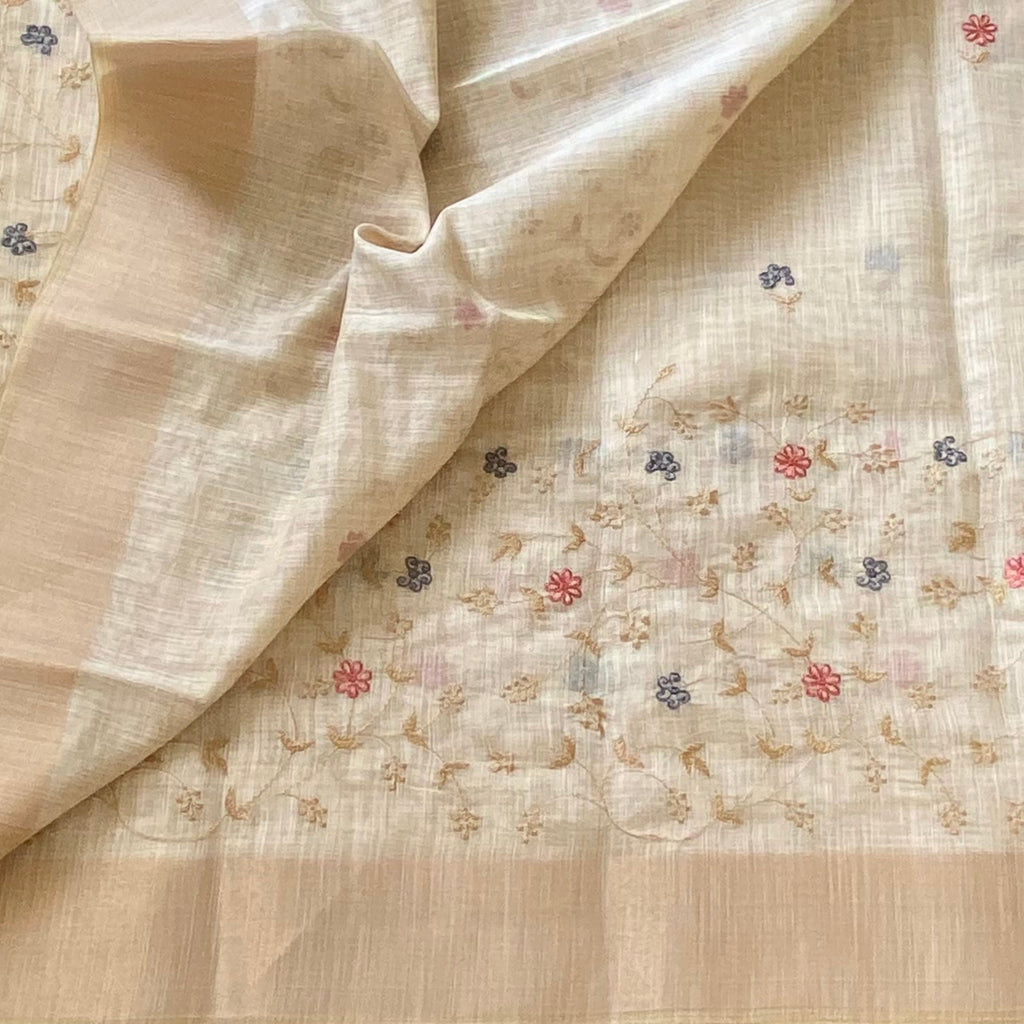 Cream Floral Embroidered Silk Saree with Gold Zari and Border