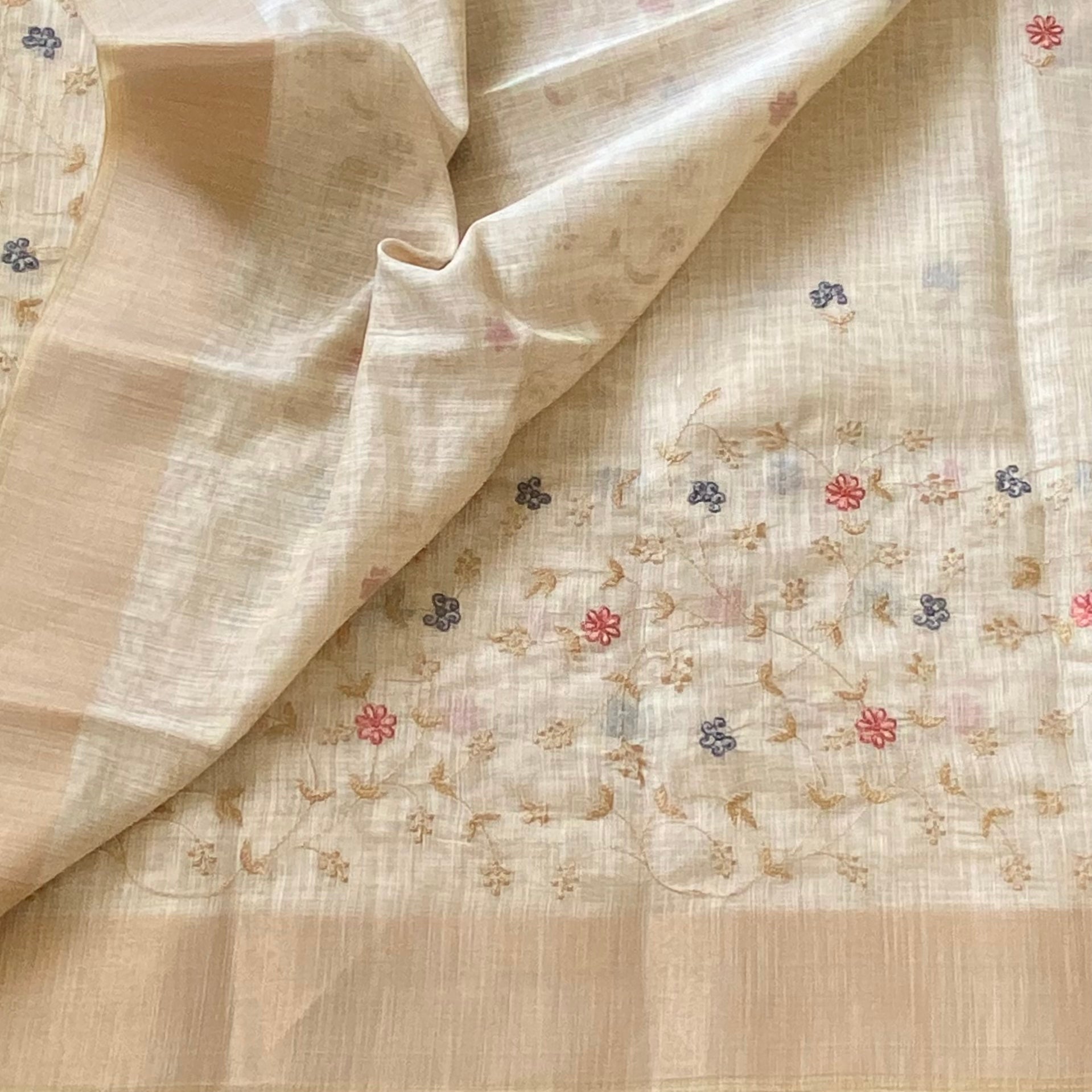 Cream Floral Embroidered Silk Saree with Gold Zari and Border
