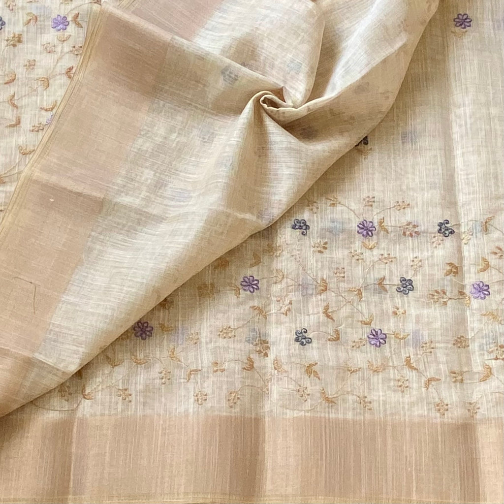 Pale Beige Floral Embroidered Saree Antique Gold Zari Broad Border