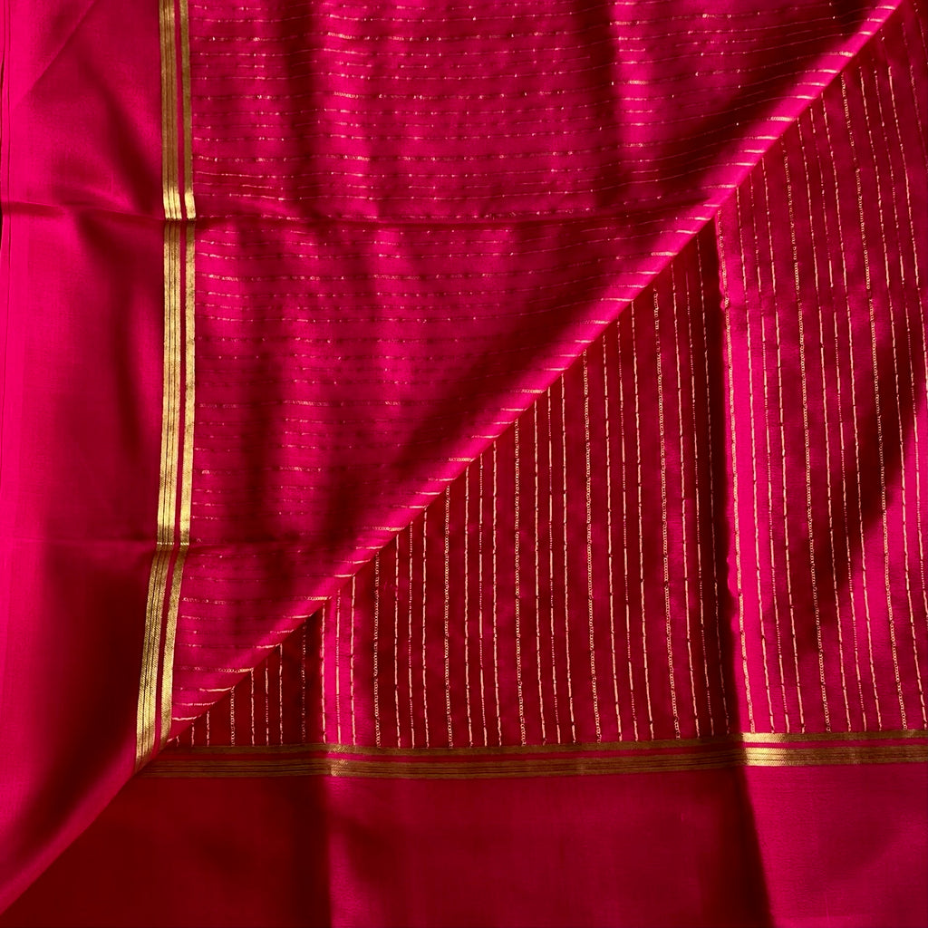 Rani Pink Mysore Crepe Silk Saree With Gold Striped Border