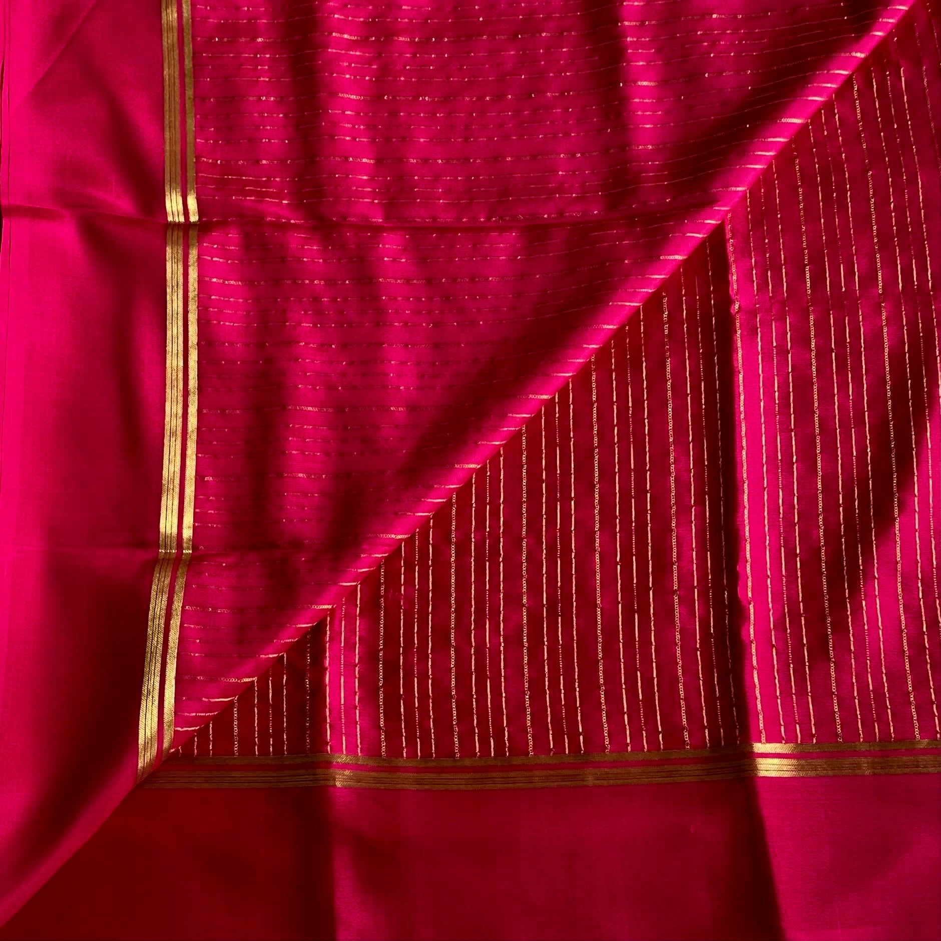 Rani Pink Mysore Crepe Silk Saree With Gold Striped Border
