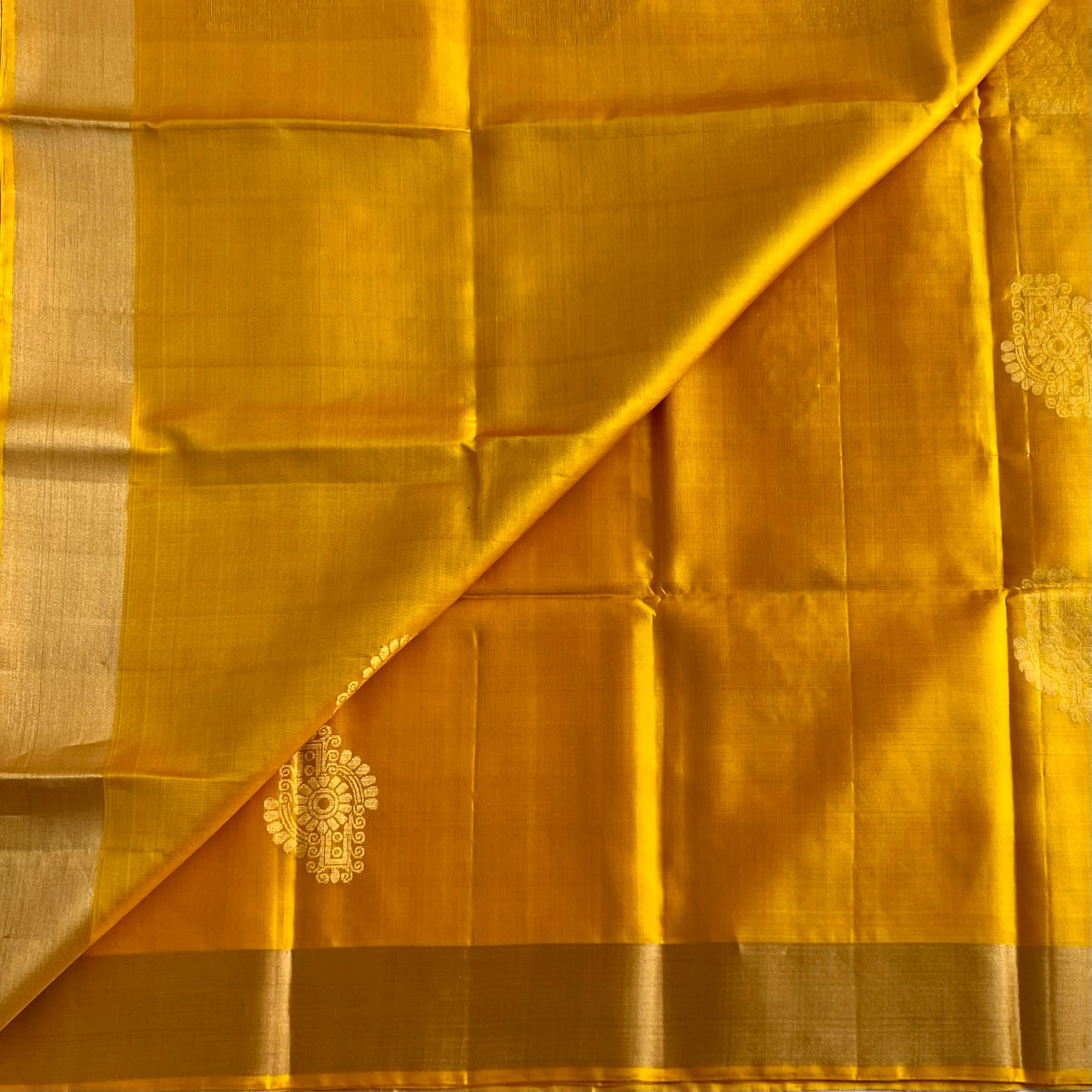 Golden Yellow Designer Pure Silk Saree With Teal Green Pallu