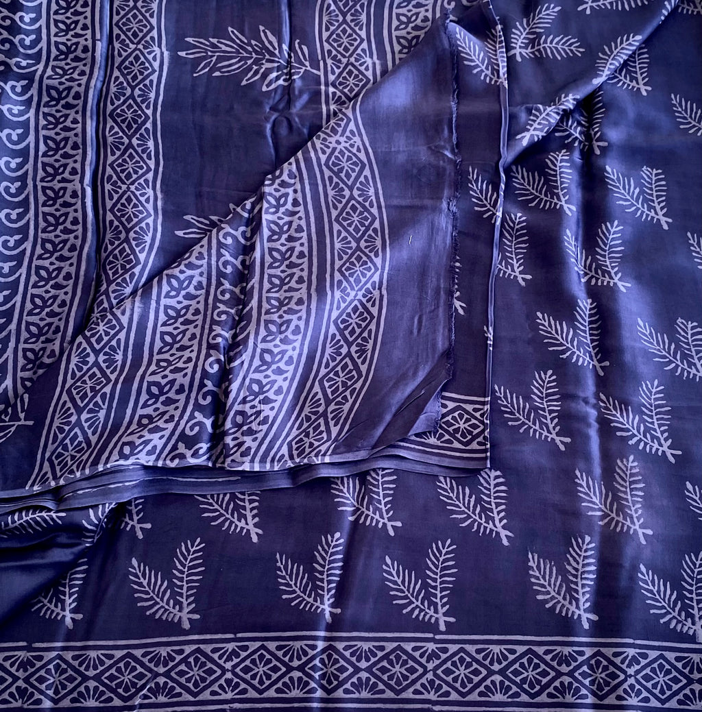 Midnight Indigo Blue Ajrakh Handblock Printed Silk m With Muted Lilac Border