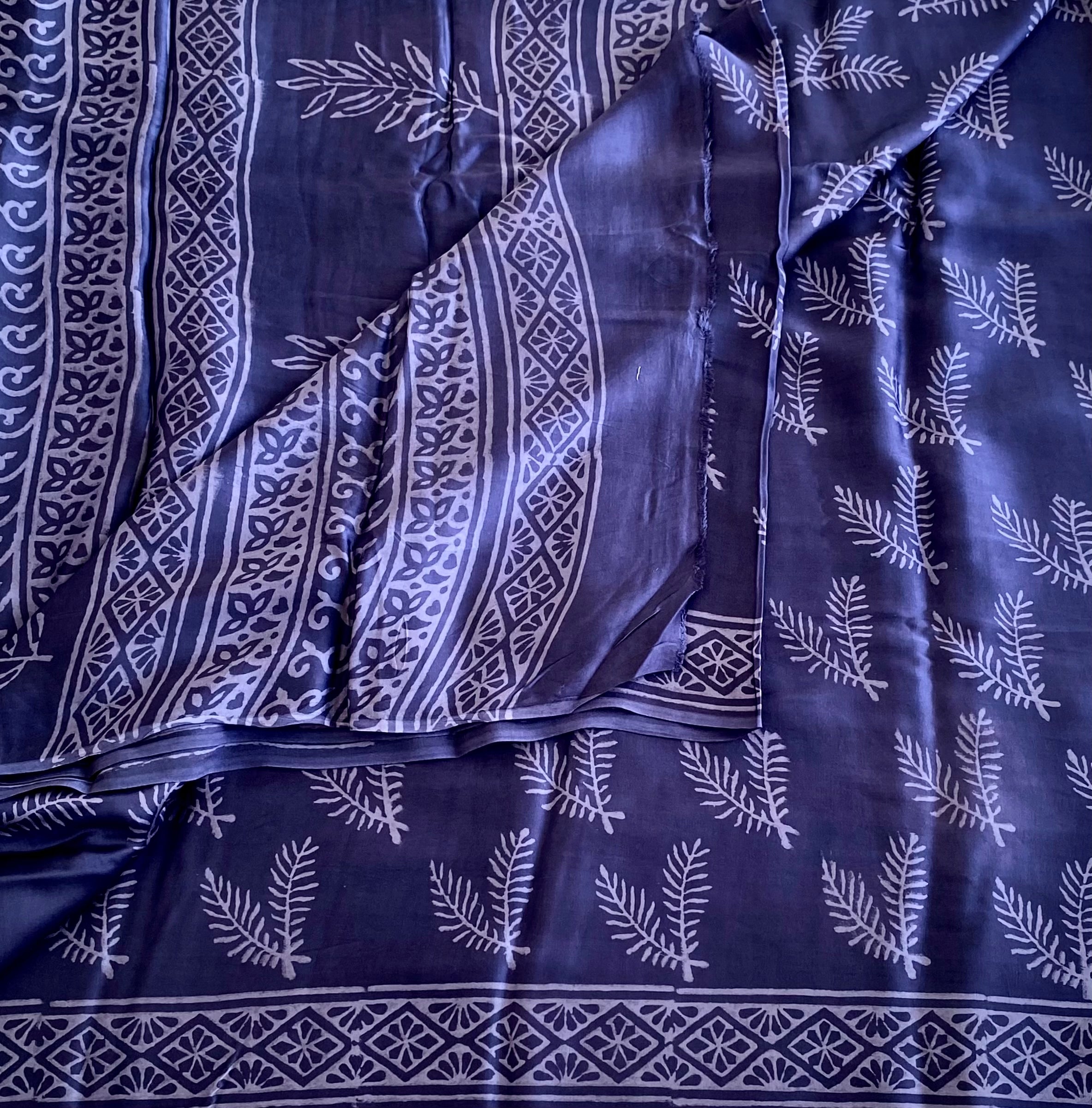 Midnight Indigo Blue Ajrakh Handblock Printed Silk m With Muted Lilac Border
