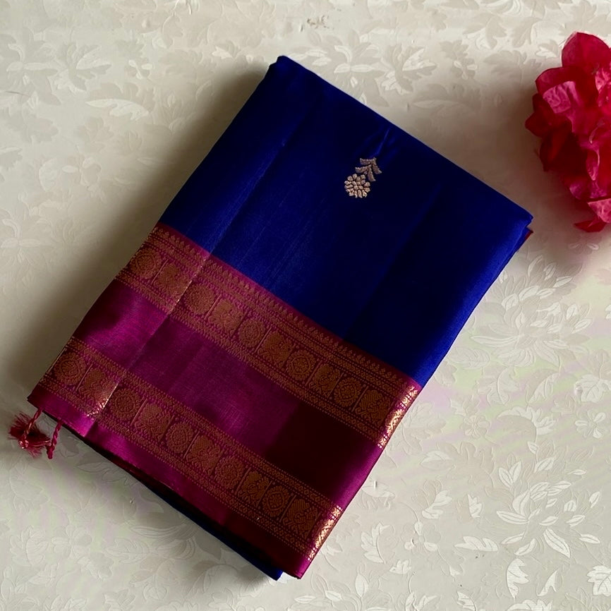 Royal Blue Designer Pure Silk with Stunning Magenta Contrast Pallu