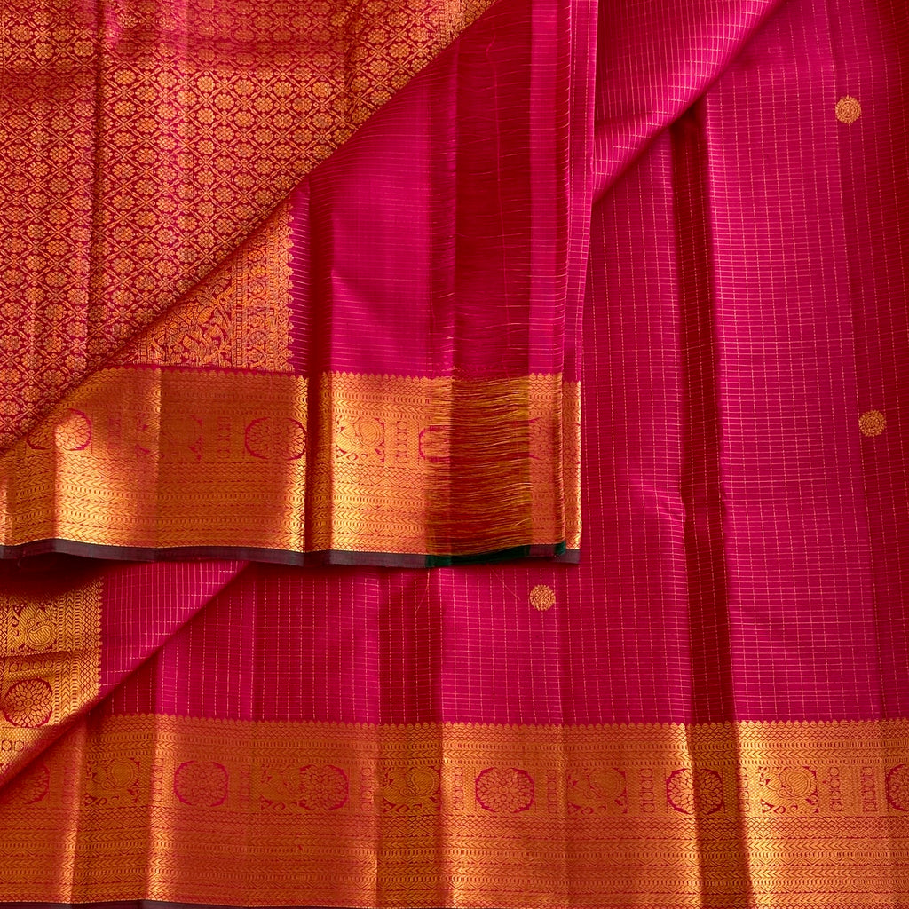 Raspberry Pink Kanjeevaram Pure Zari Silk Saree With Zari Checkered Weave