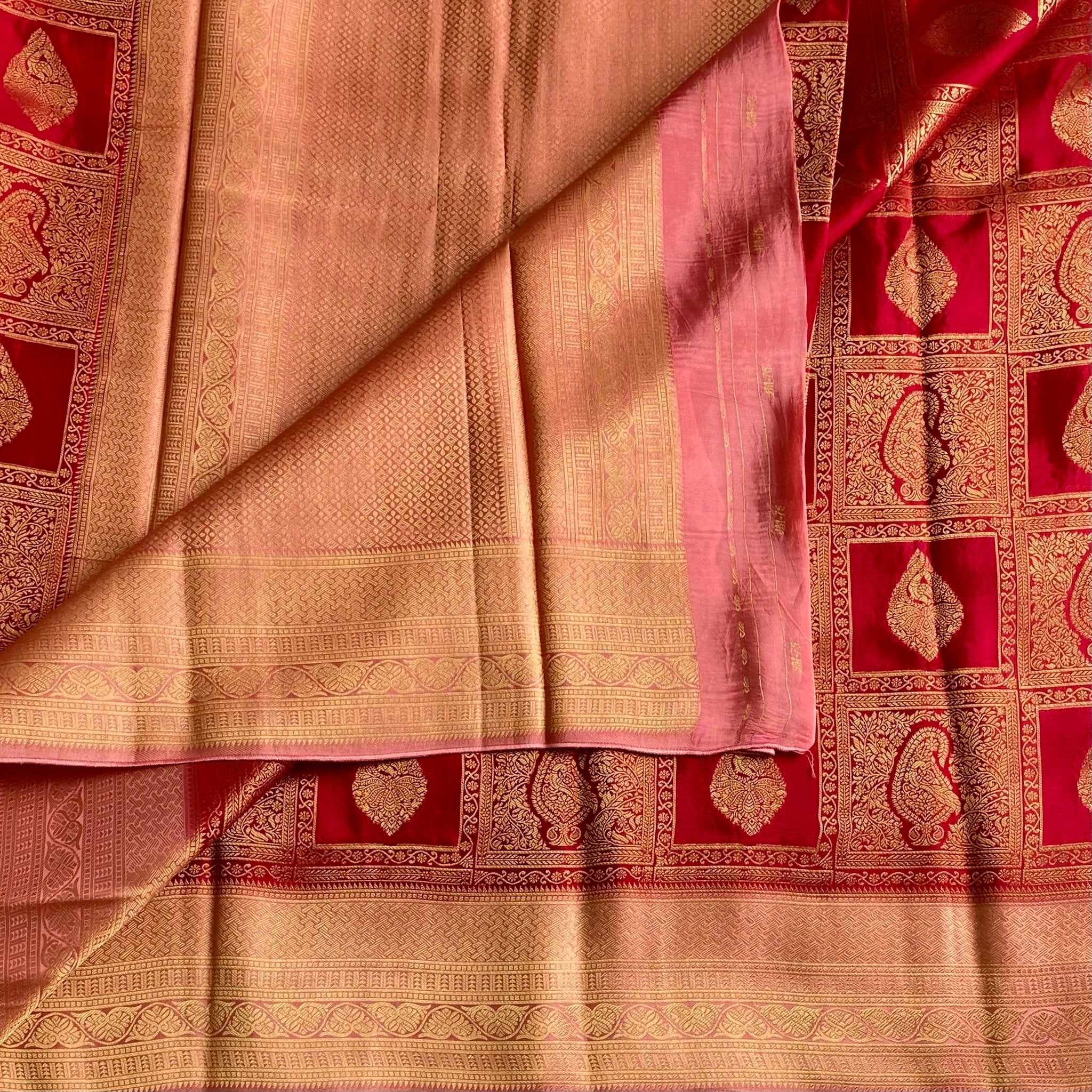 Brocade Red & Gold Soft Crepe Silk Saree With Rose Pink Pallu