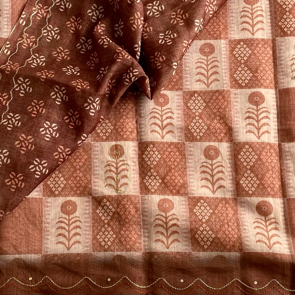 Rust Brown Softest Lightweight Tussar With Antique Beige Checks And Zari