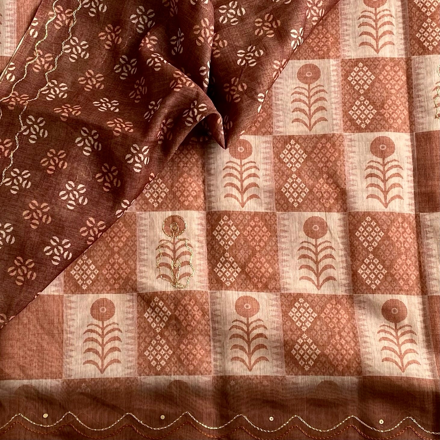 Rust Brown Softest Lightweight Tussar With Antique Beige Checks And Zari