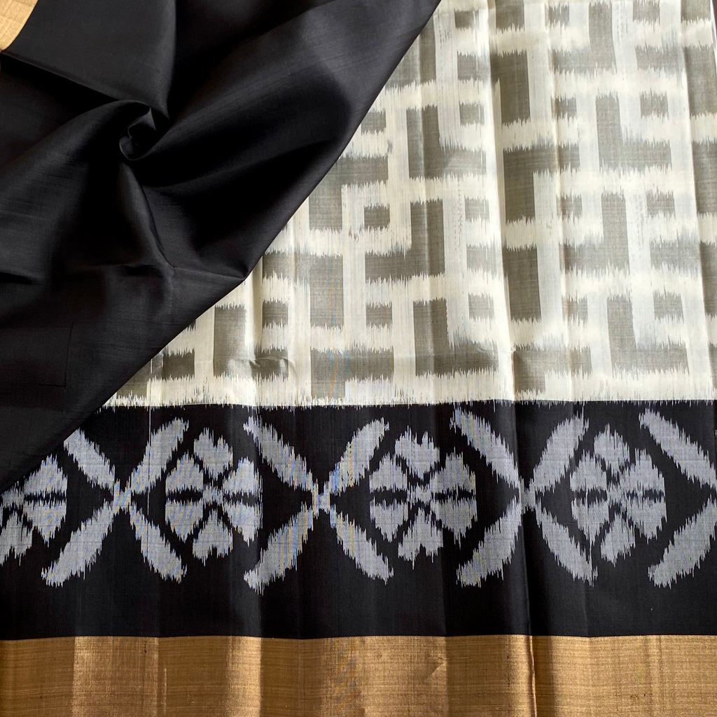 Off White Designer Pure Silk Saree with Jet Black Ikat Gold Border