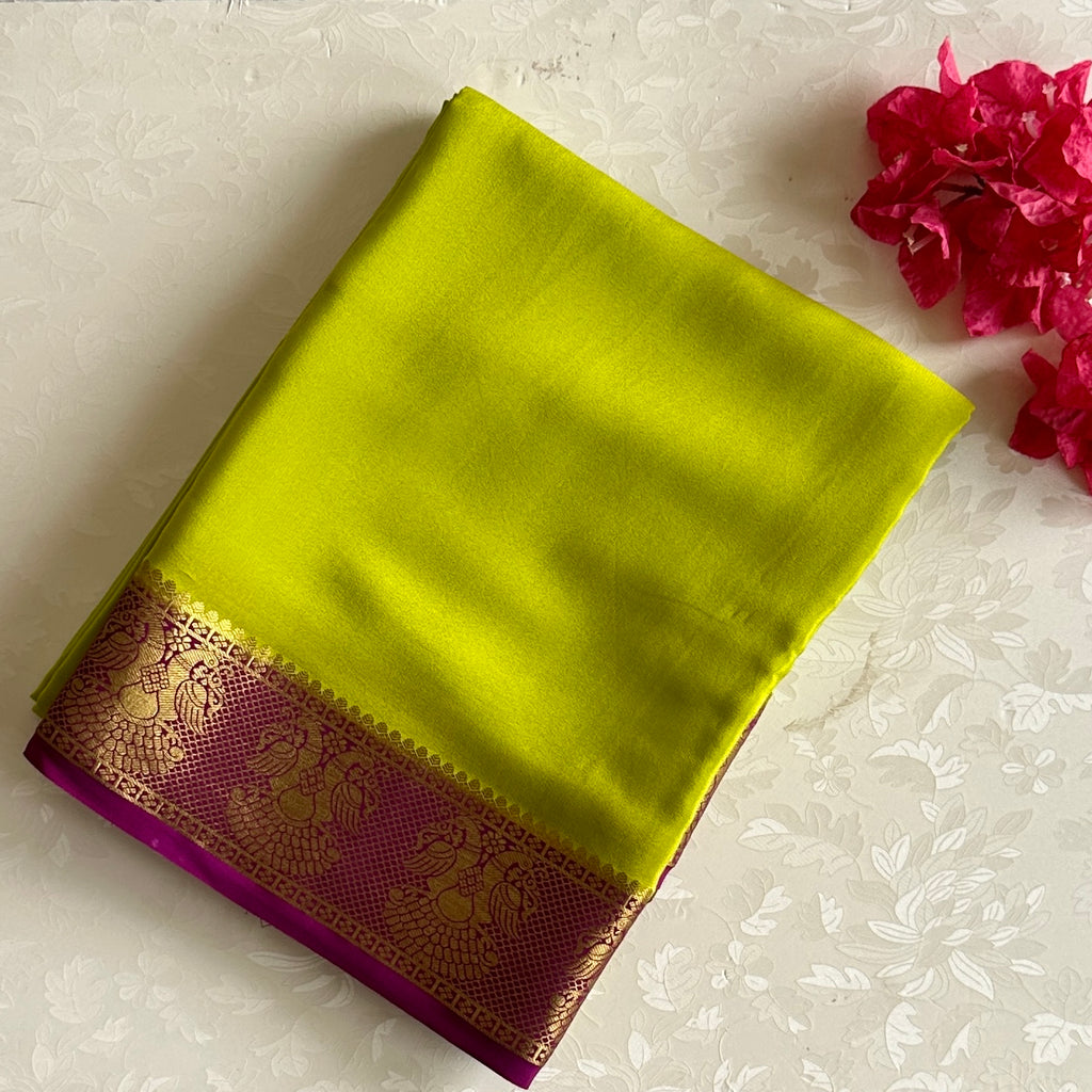 Chartreuse Silk Saree Gold Brocade Peacock Border Traditional Festive Wear
