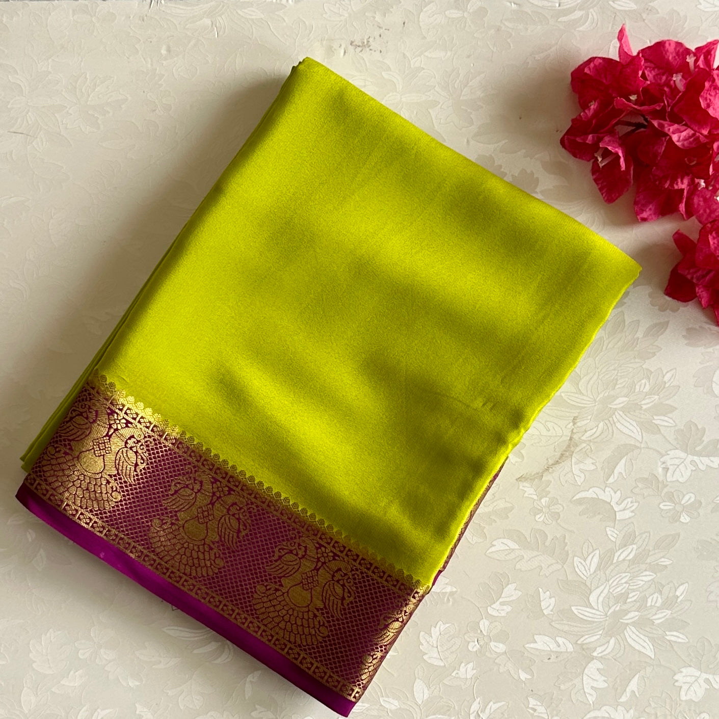 Chartreuse Silk Saree Gold Brocade Peacock Border Traditional Festive Wear