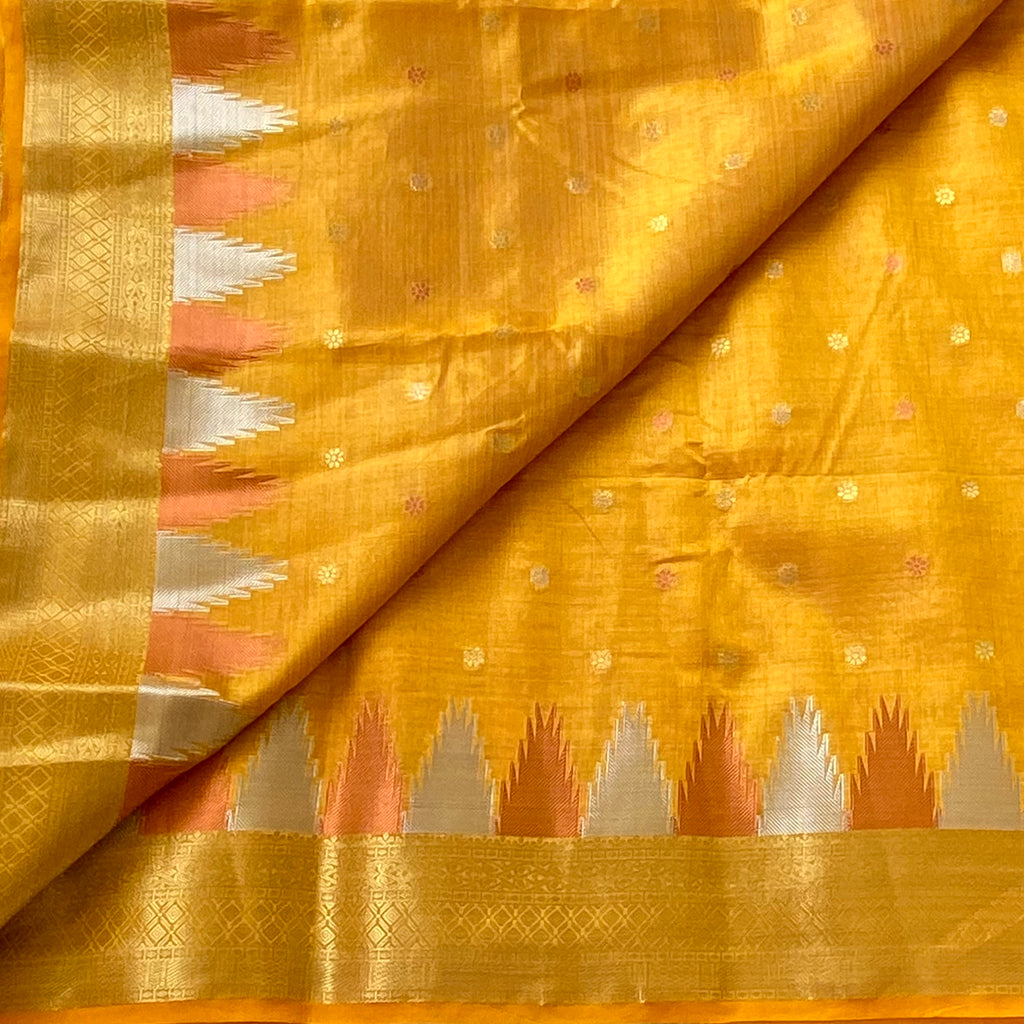 Mustard Yellow Zari soft tussar silk with temple borders