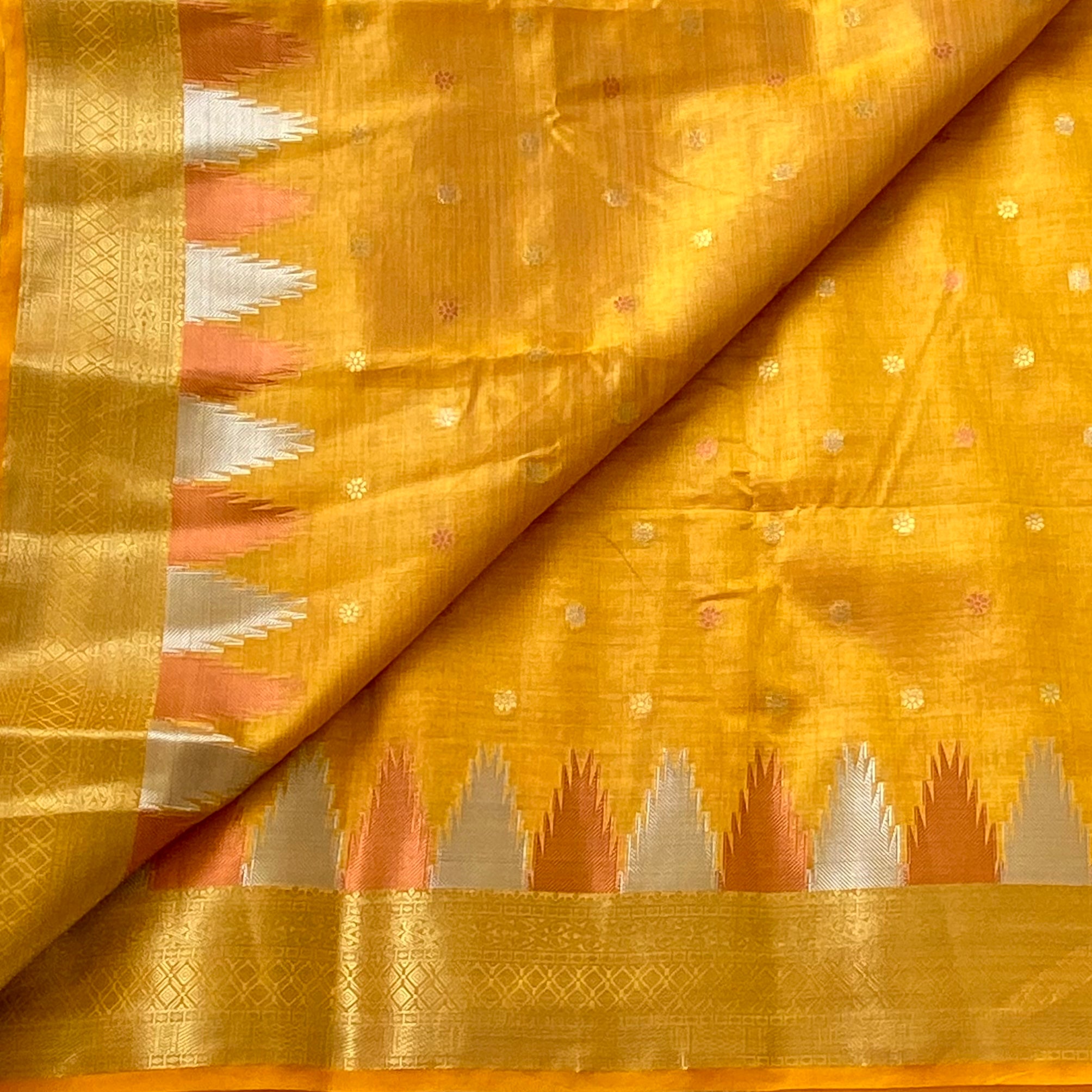 Mustard Yellow Zari soft tussar silk with temple borders