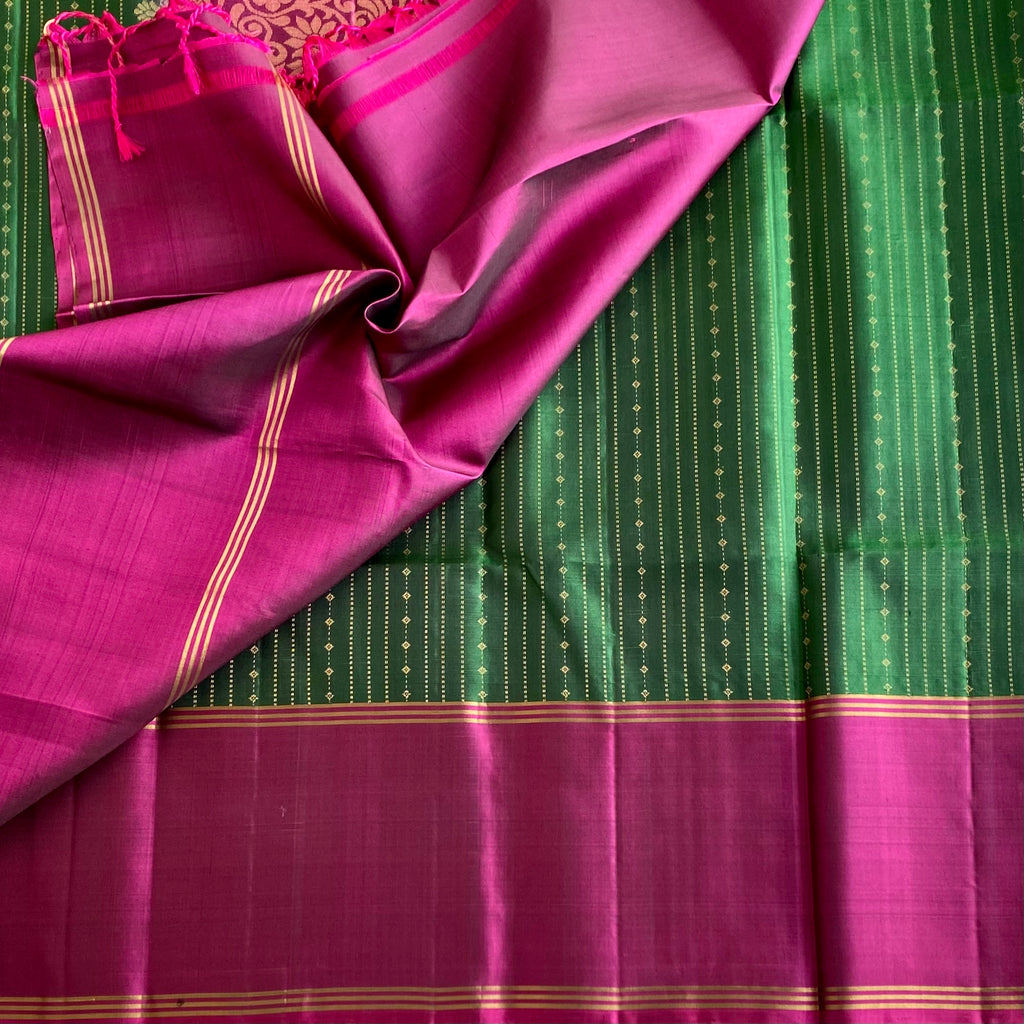 Bottle Green Designer Pure Silk Saree With Magenta Pink Pallu