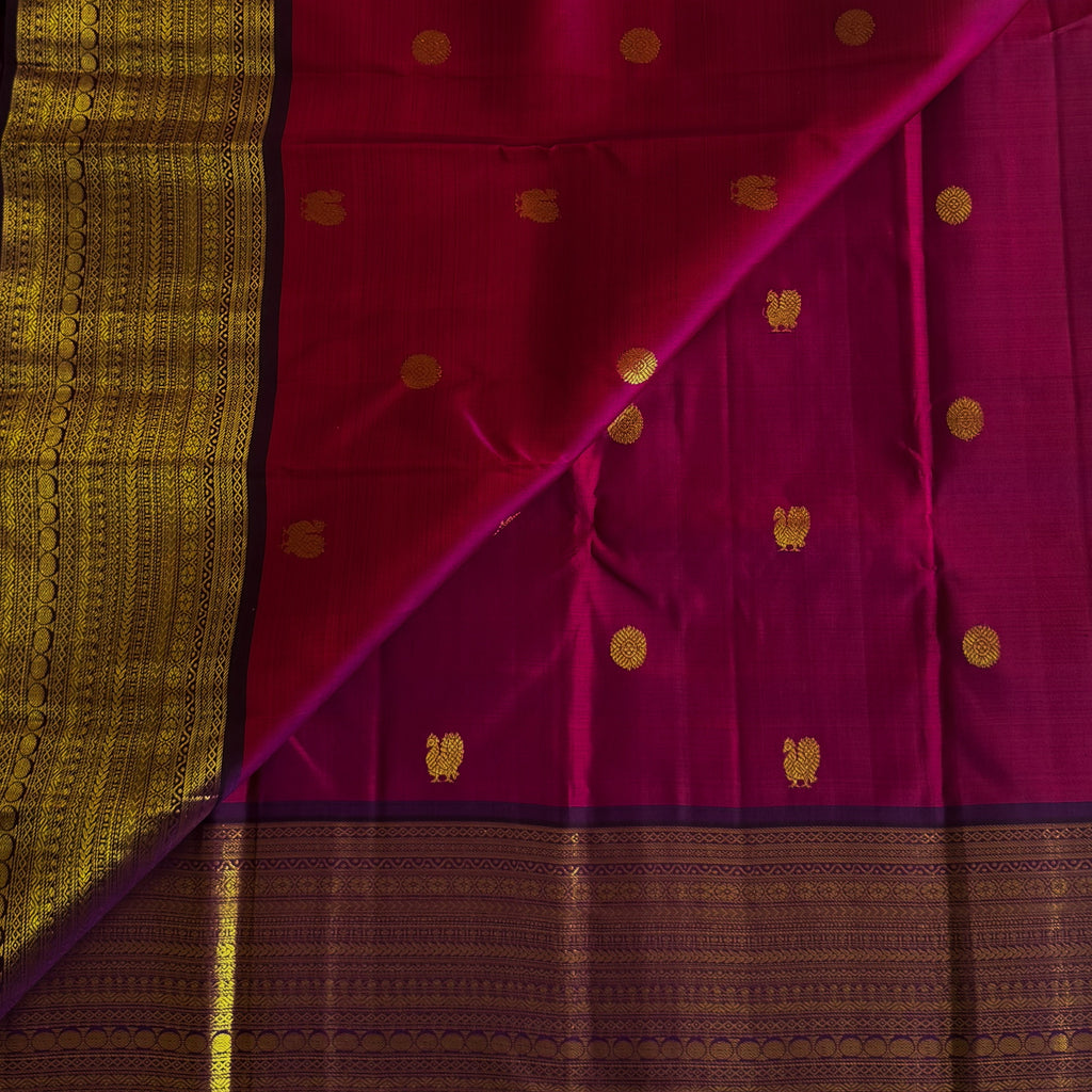 Elegant Magenta Gold Zari Butta Saree with Broad Purple Border