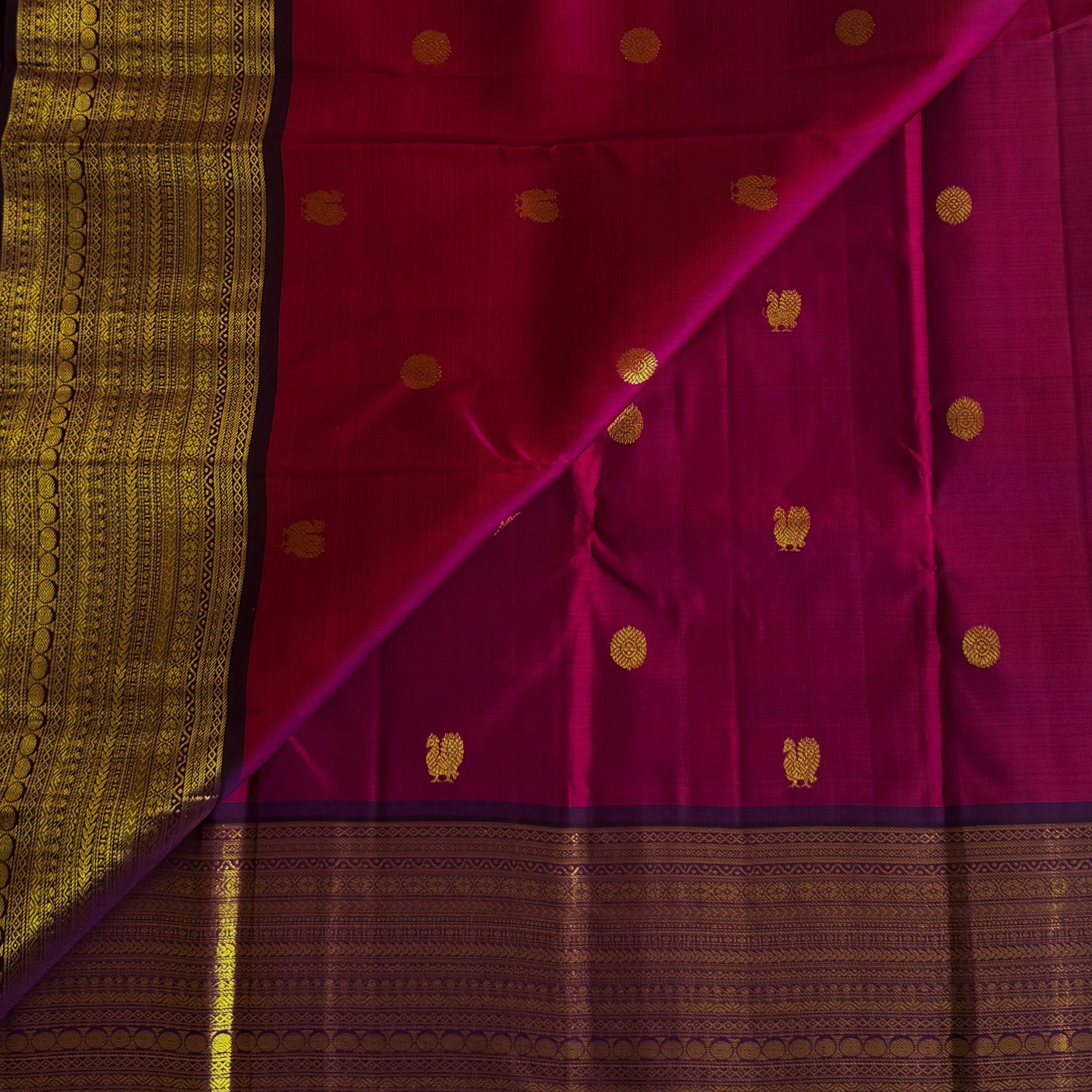 Elegant Magenta Gold Zari Butta Saree with Broad Purple Border