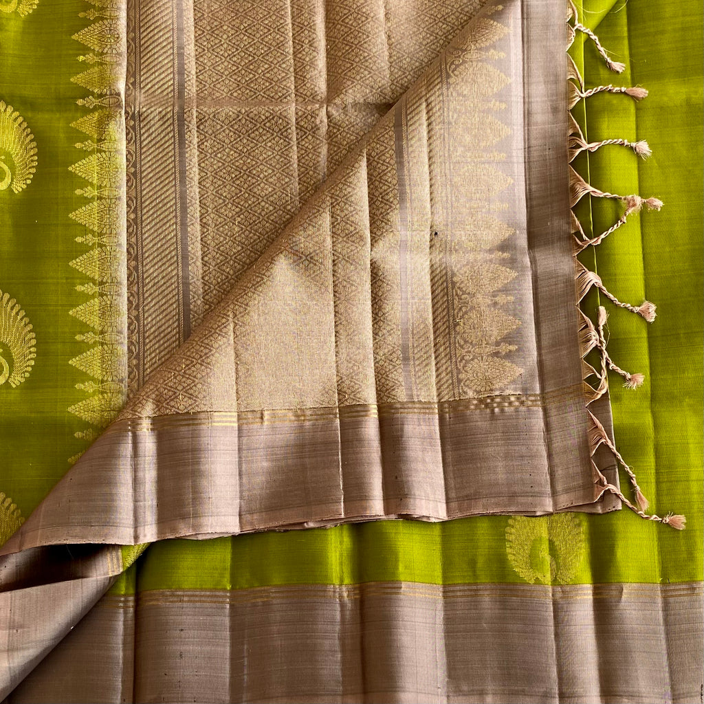 Olive Green Designer Pure Silk Saree With Taupe Grey Pallu
