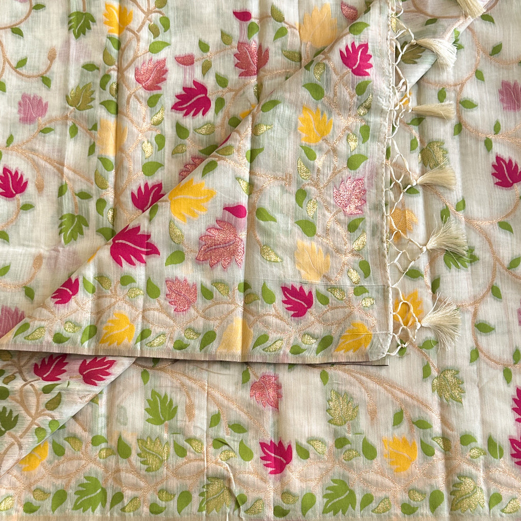 White wonder floral woven jute tussar stunner