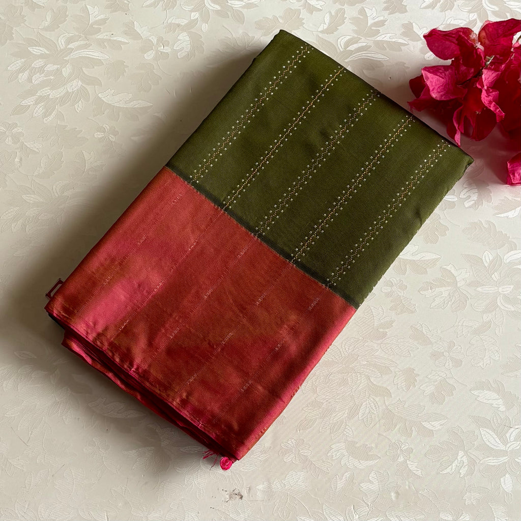 Olive Green Soft Mixed Silk Saree With Coral Orange Pallu