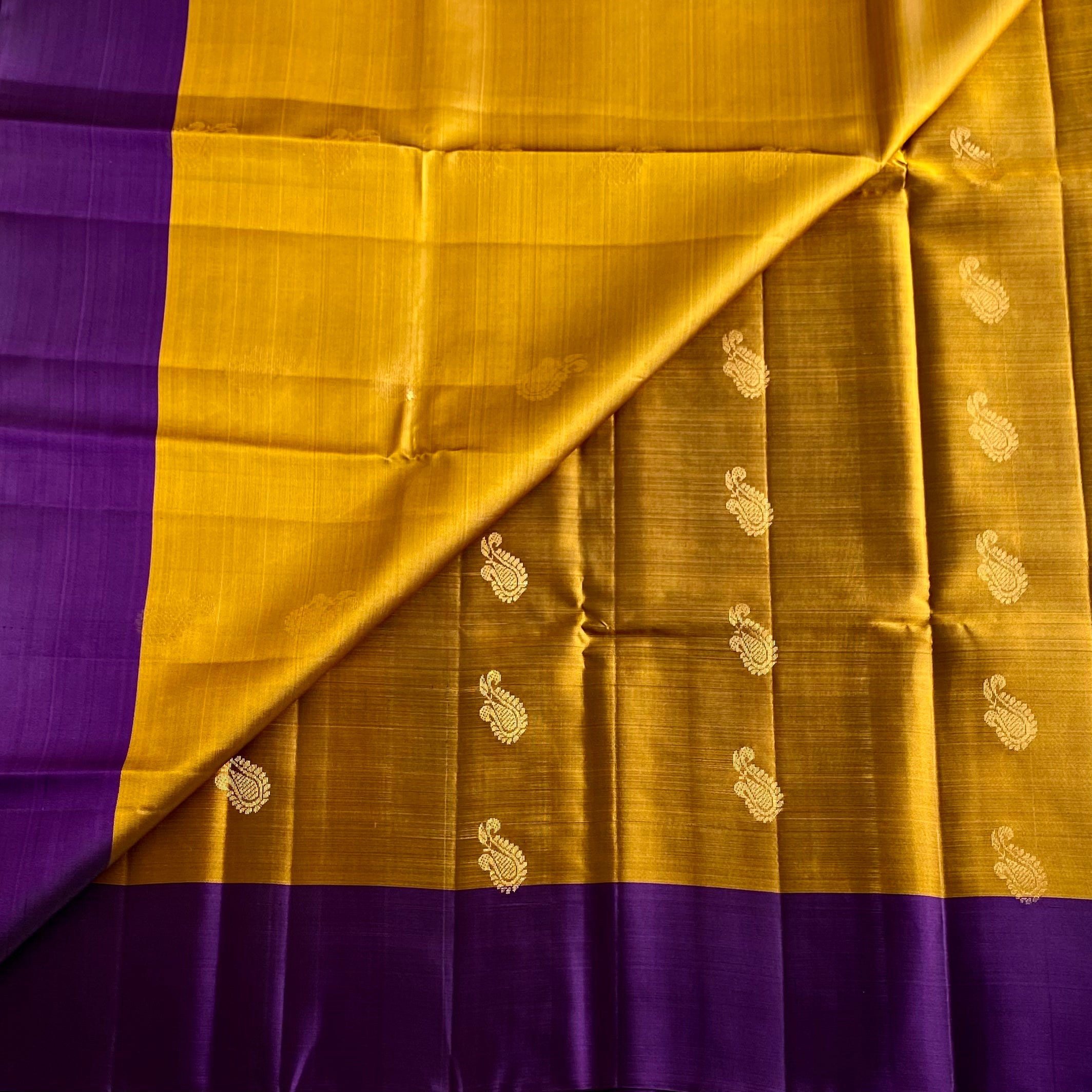 Mustard Gold Designer Pure Silk Saree With Royal Purple Pallu