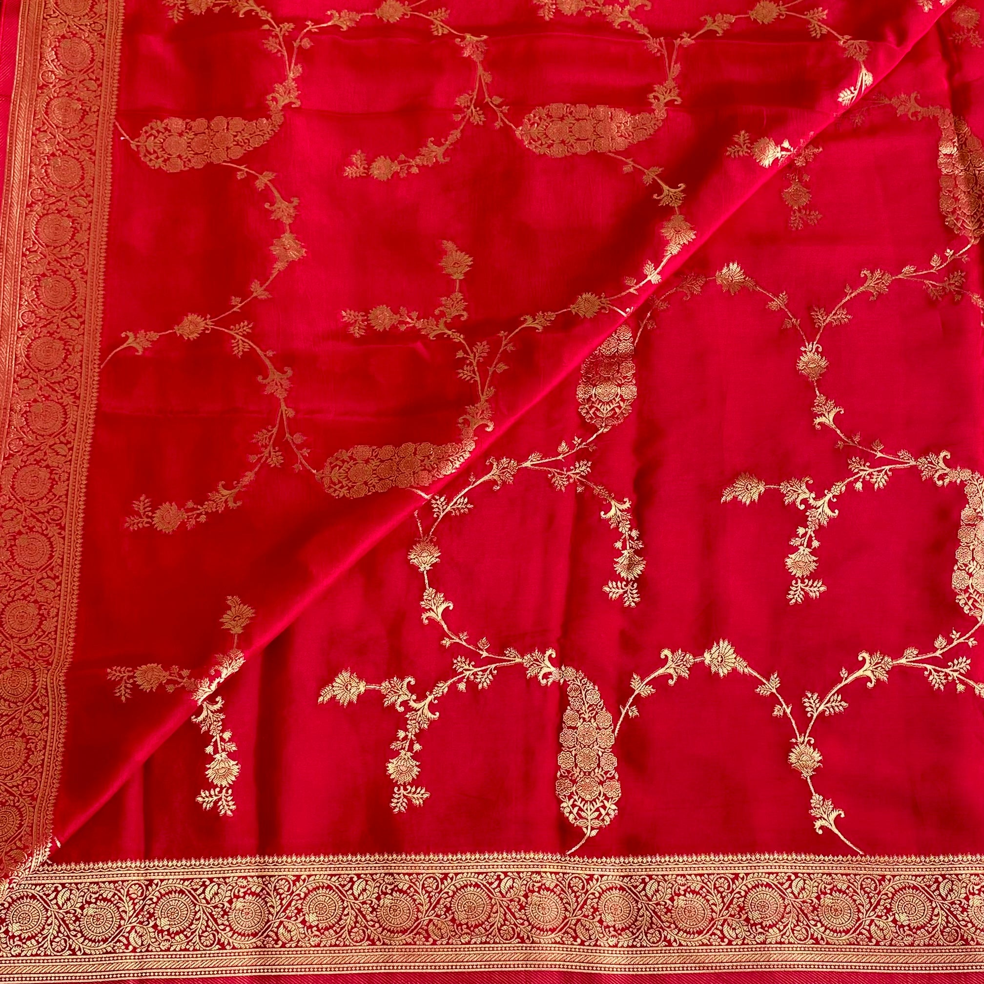 Scarlet Red Soft Crepe Silk Saree With Antique Gold Brocade Border