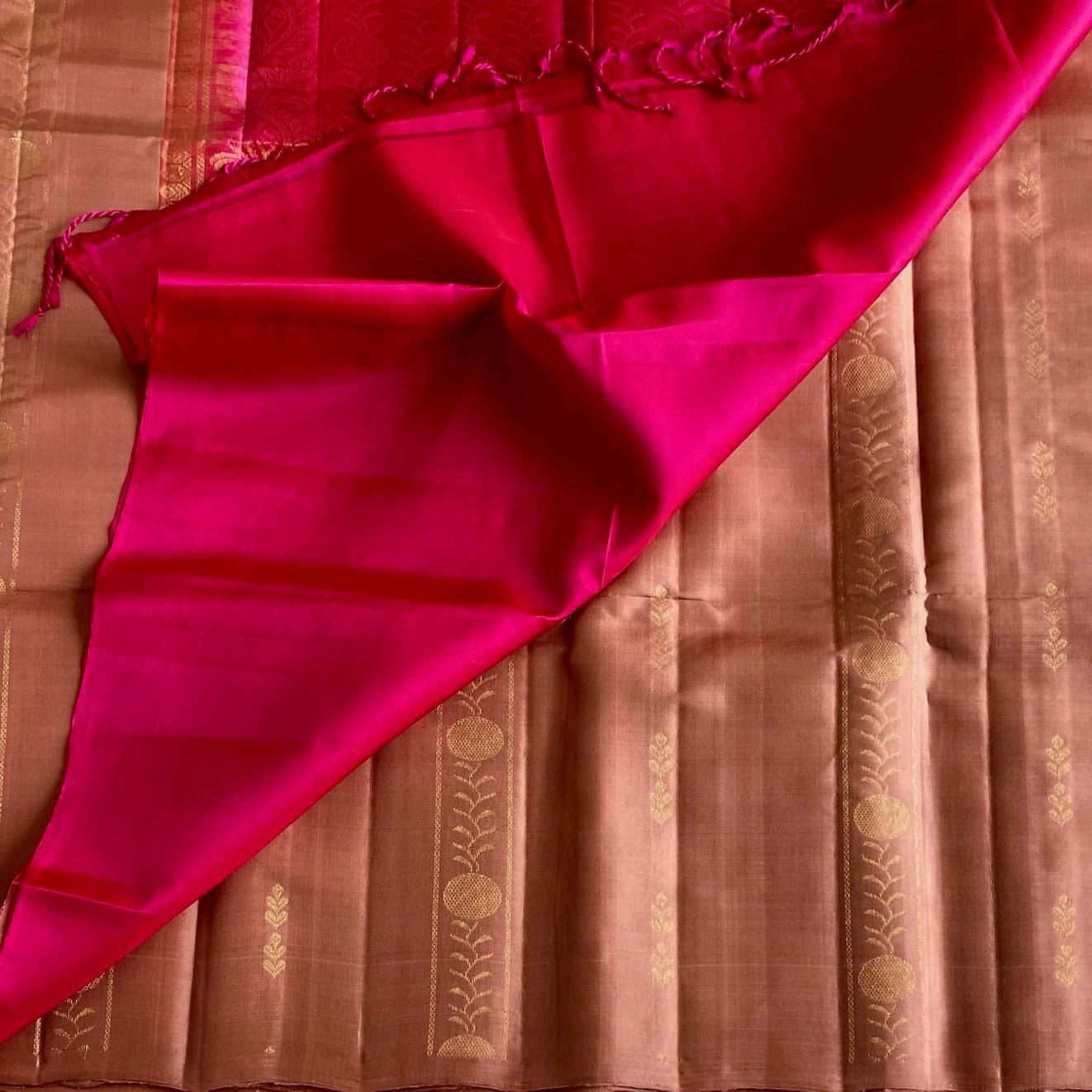 Copper Brown Designer Pure Silk Saree With Rani Pink Pallu