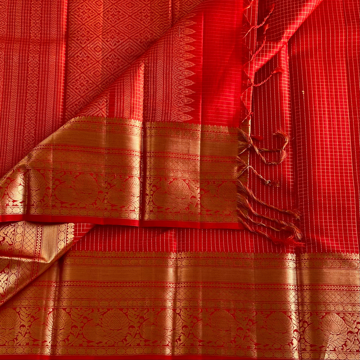 Micro Checkered Vermilion Red Designer Pure Silk Saree With Antique Gold Pallu