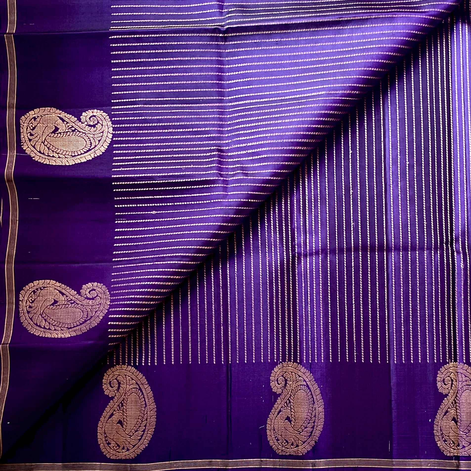 Royal Purple Silk Saree Antique Gold Brocade Paisley Lattice