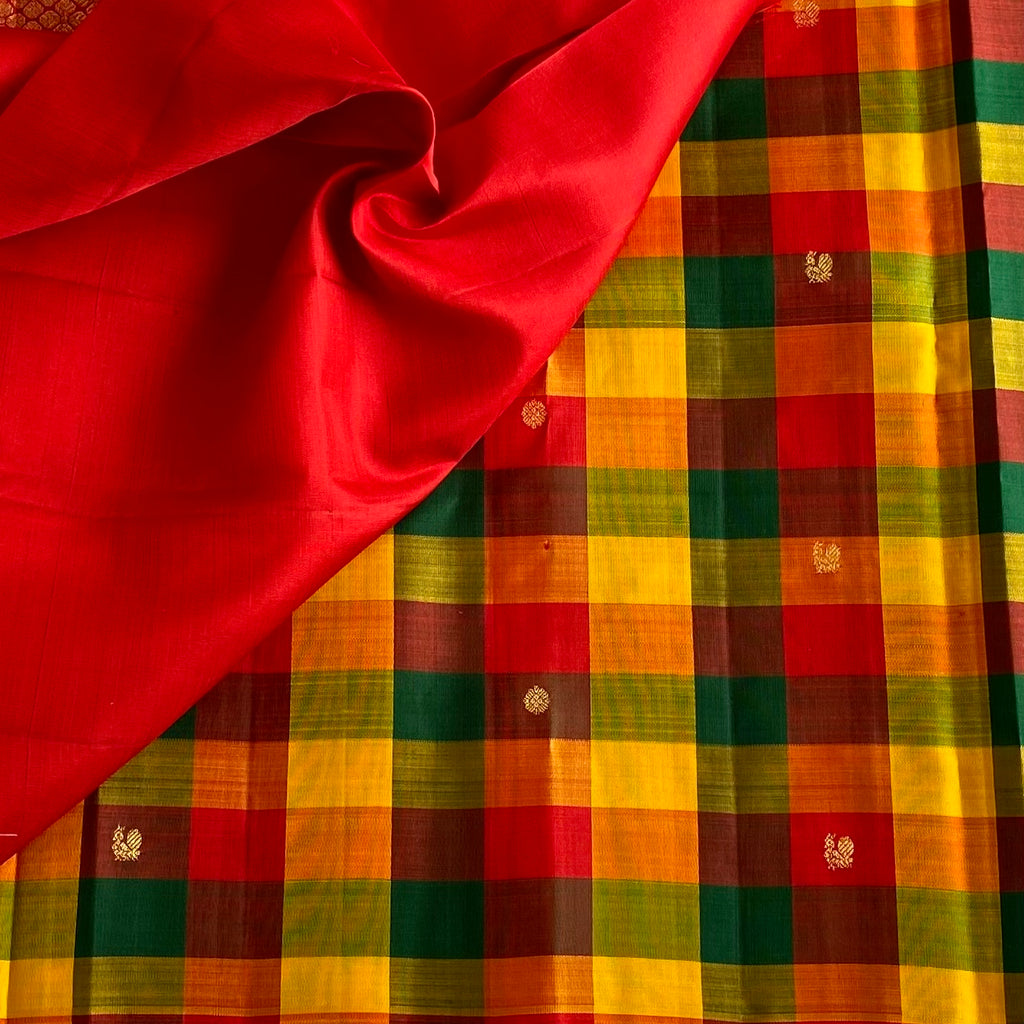 Multi Checkered Kanjeevaram Pure Zari Silk Saree With Crimson Red Contrast