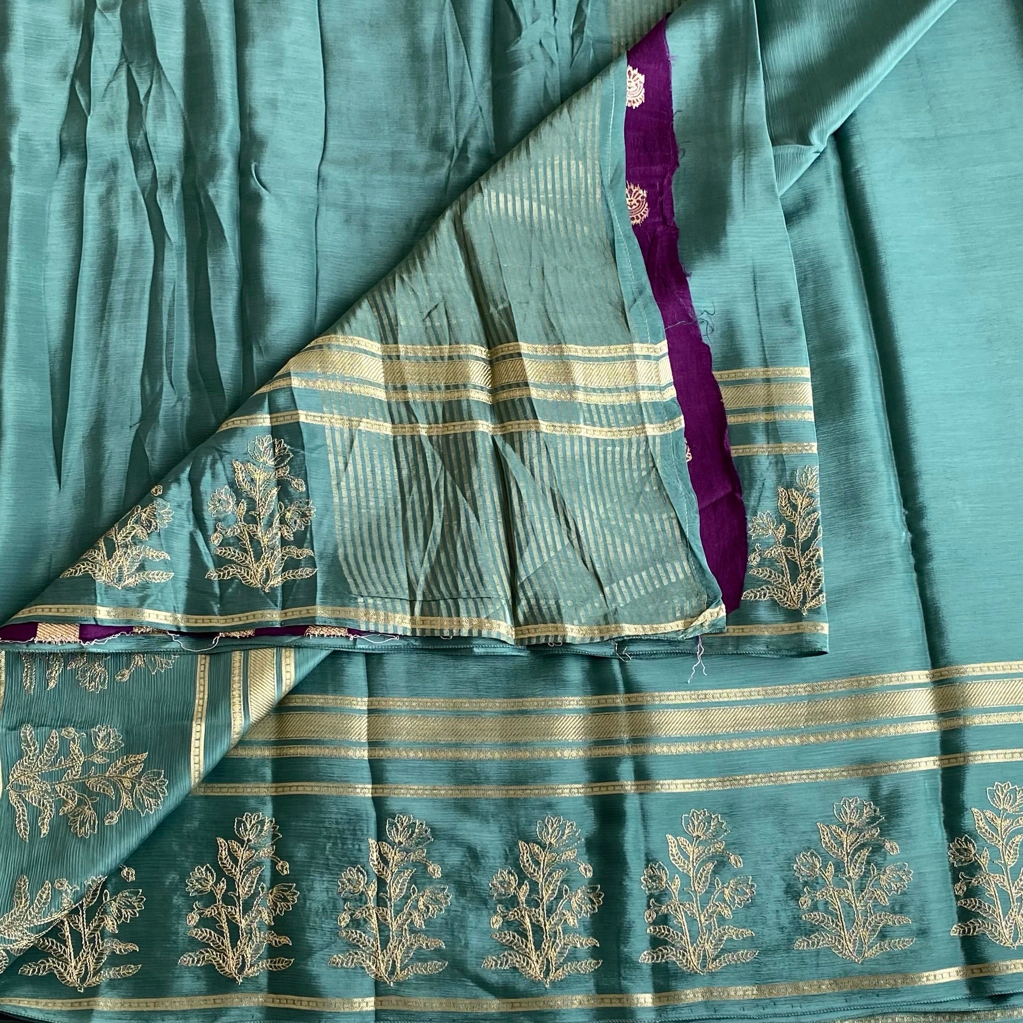 Teal Blue Soft Crepe Silk Saree With Gold Woven Stripes