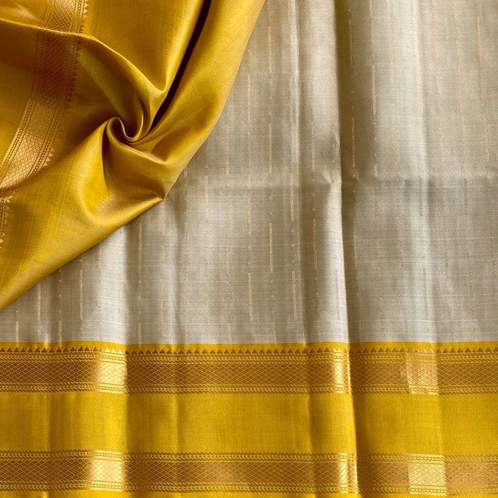 Ivory Beige Designer Pure Silk Saree With Mustard Gold Pallu And Zari Border