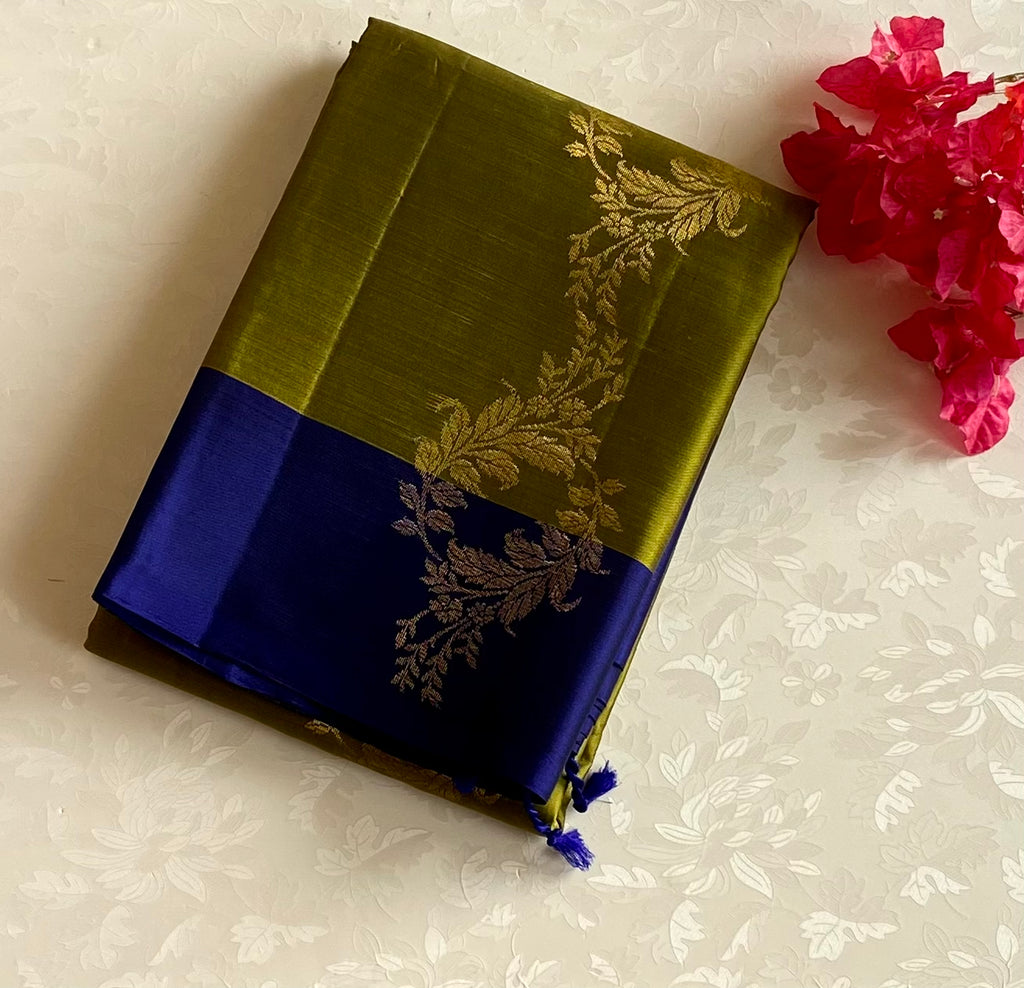 Olive Green Silk Saree Royal Blue Zari Pallu Floral