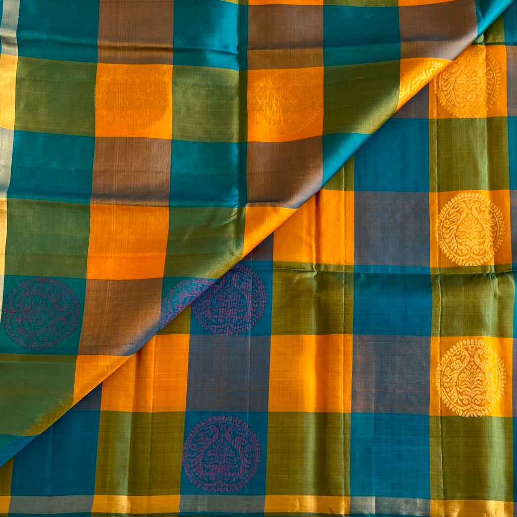 Teal & Sunflower Checkered Designer Pure Silk With Intricate Pallu