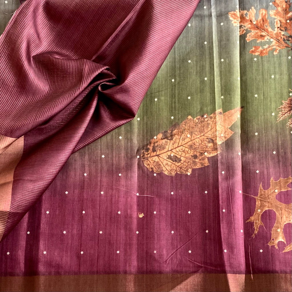 Deep Wine n Olive Ombré Soft Tussar Saree With Designer Prints