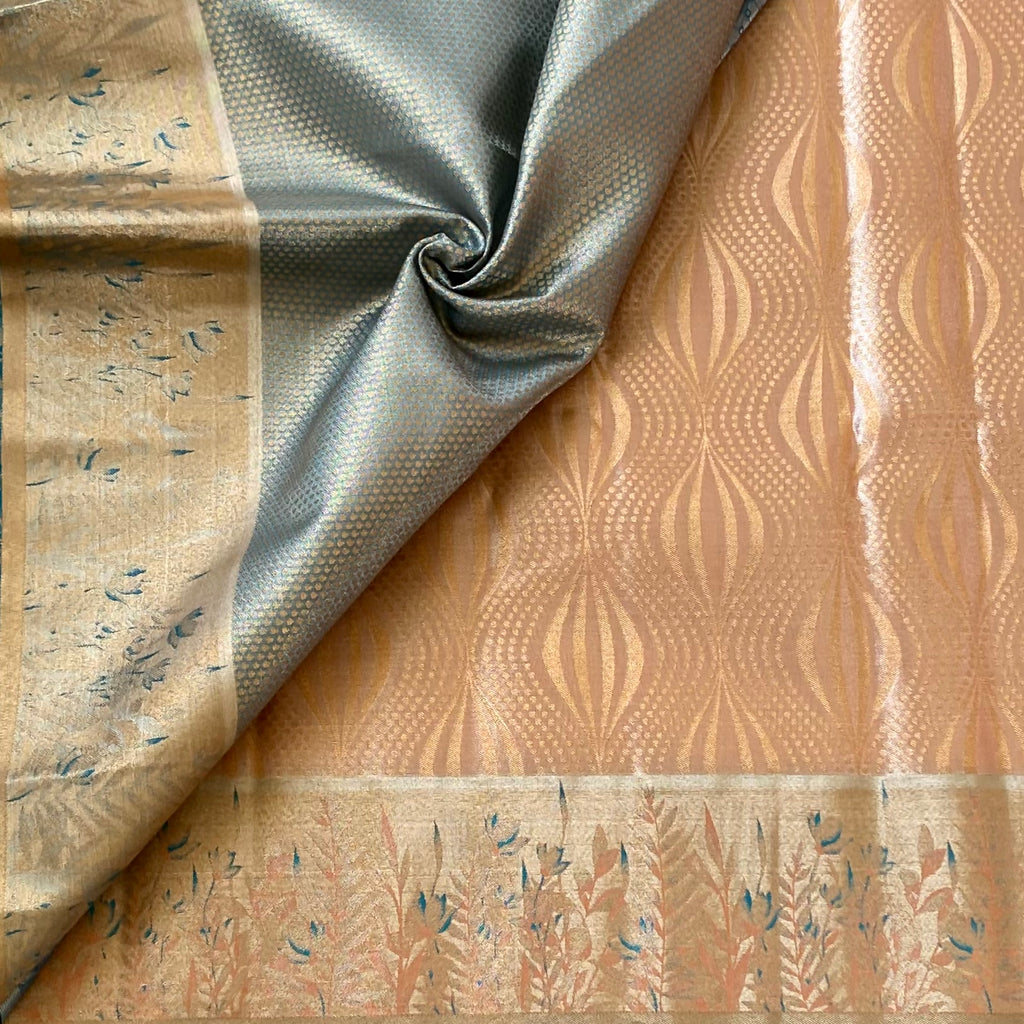 Blush Peach Brocade Saree Champagne Beige Pallu Silver Zari Floral