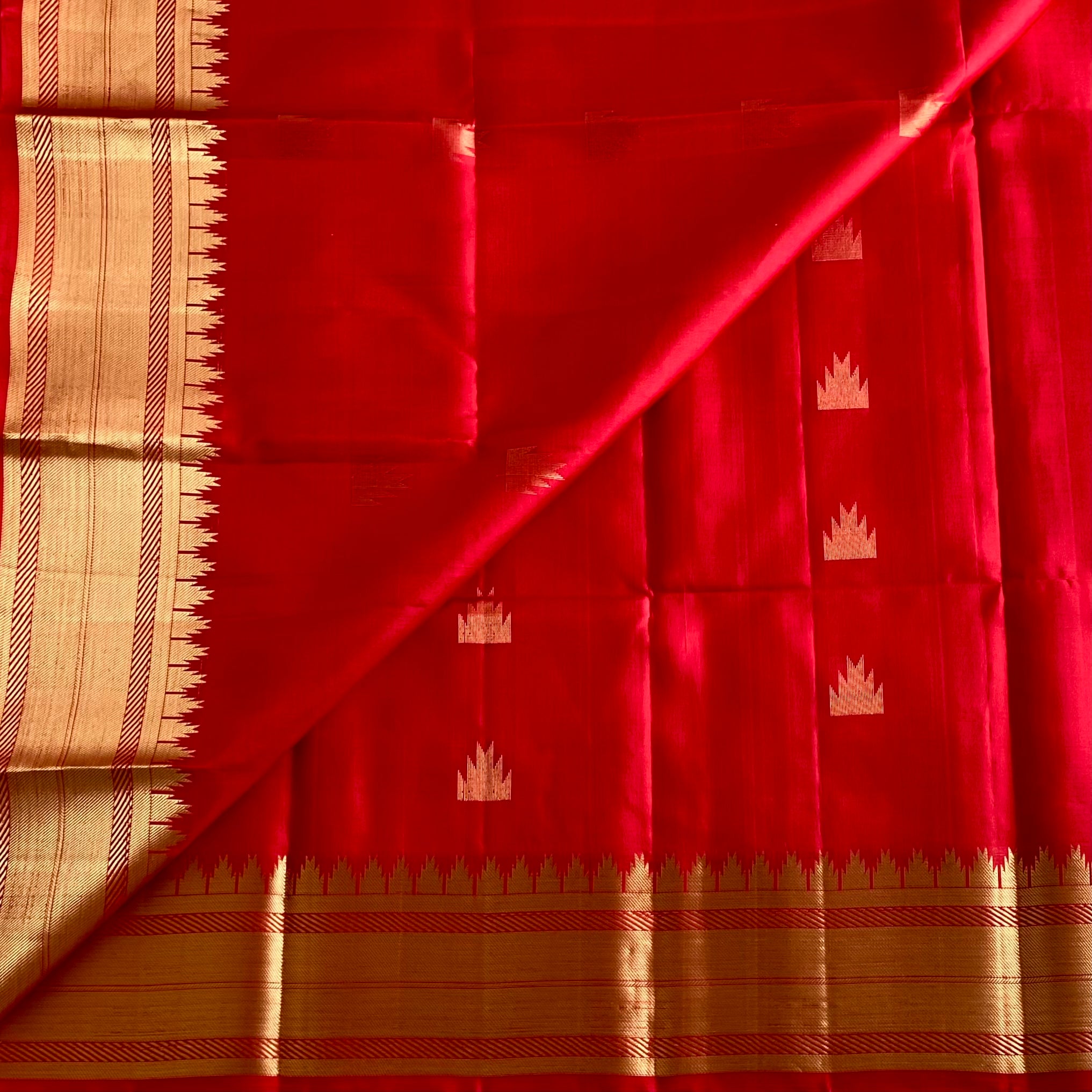 Scarlet Red Designer Pure Silk Saree With Metallic Gold Border
